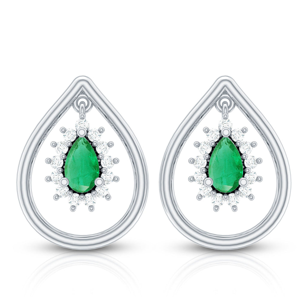 Real Emerald Teardrop Stud Earrings with Diamond Halo