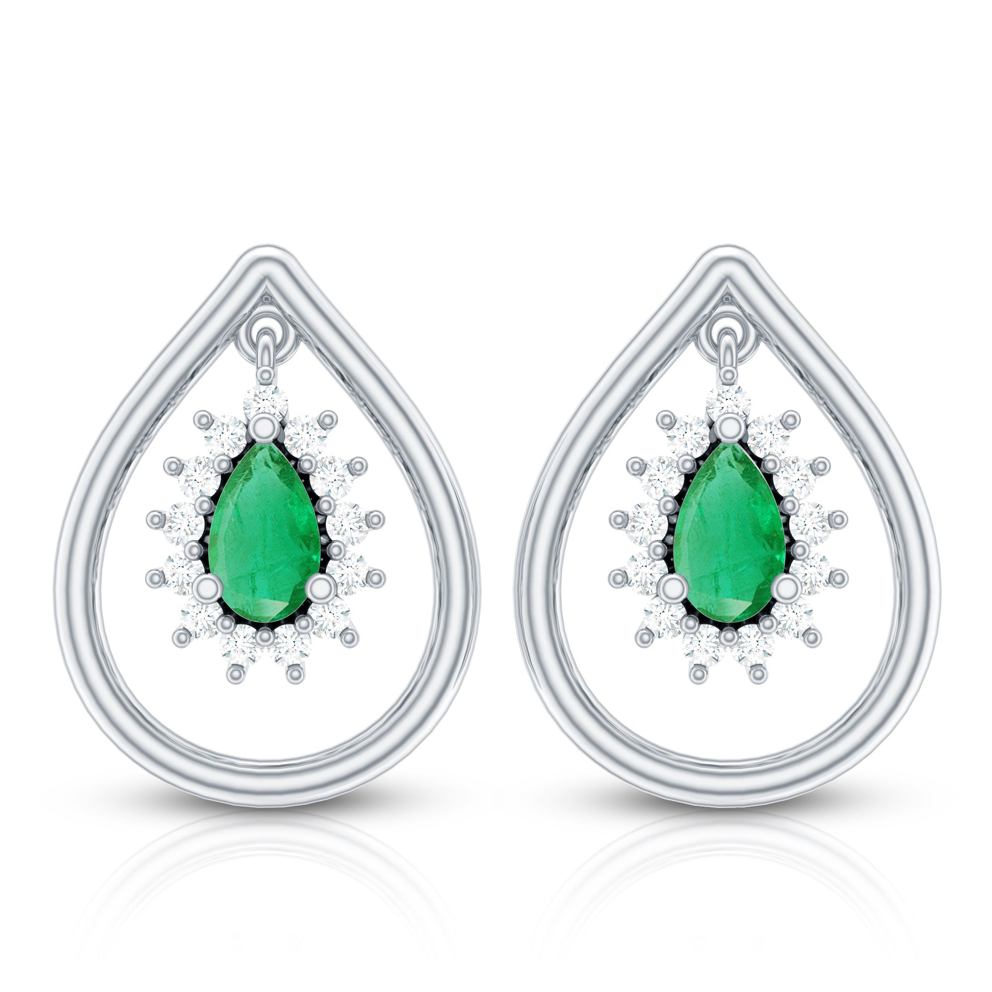 Real Emerald Teardrop Stud Earrings with Diamond Halo