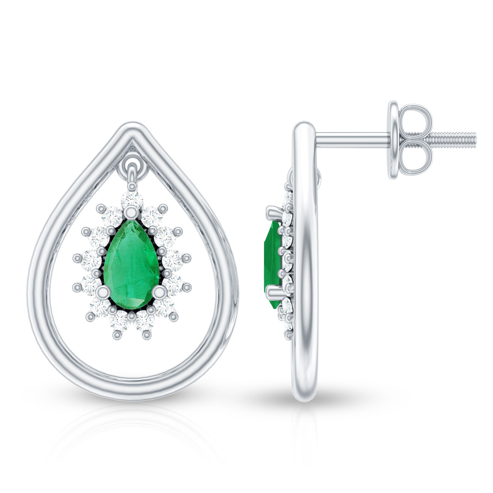 Real Emerald Teardrop Stud Earrings with Diamond Halo