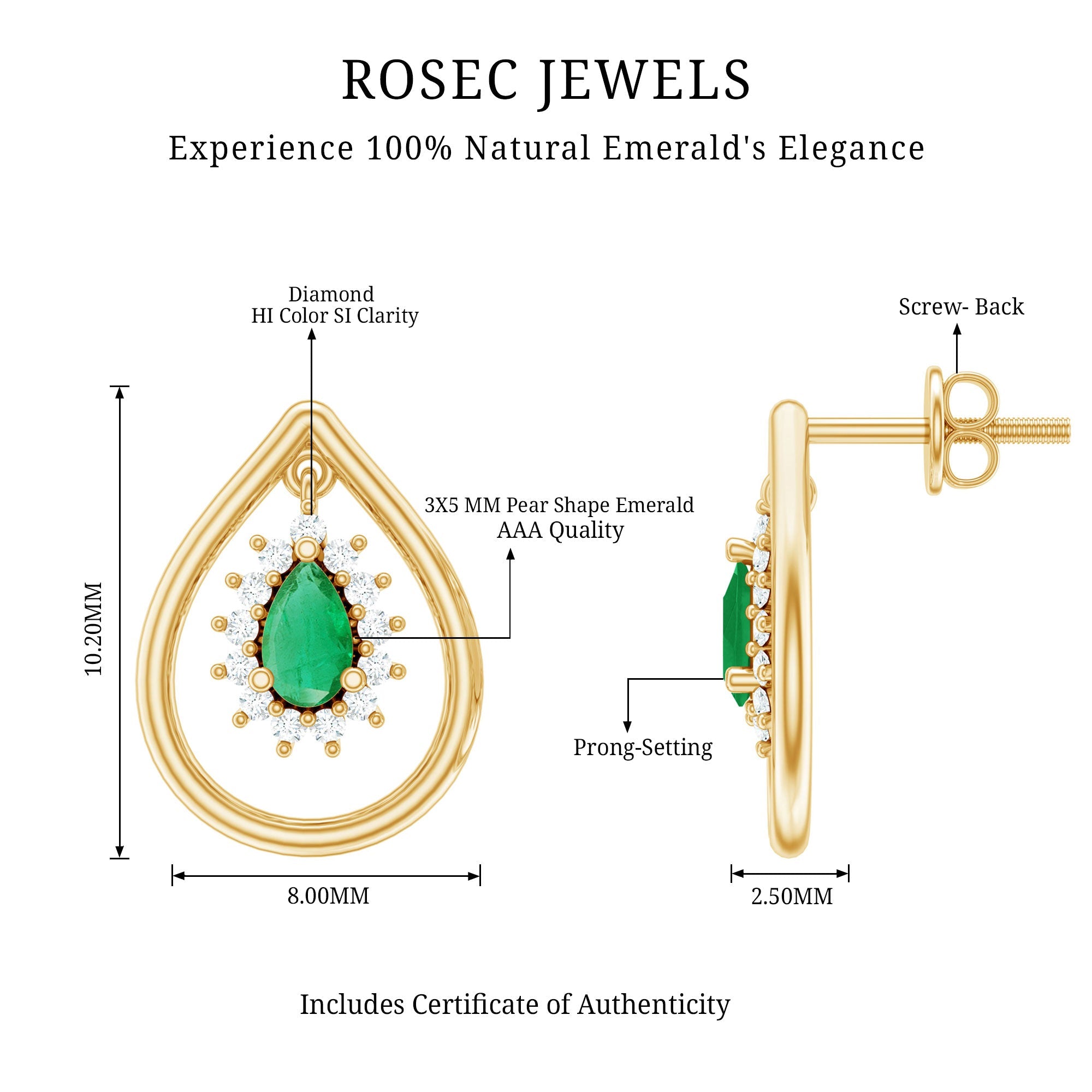 Real Emerald Teardrop Stud Earrings with Diamond Halo
