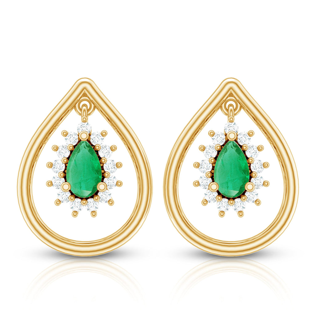 Real Emerald Teardrop Stud Earrings with Diamond Halo