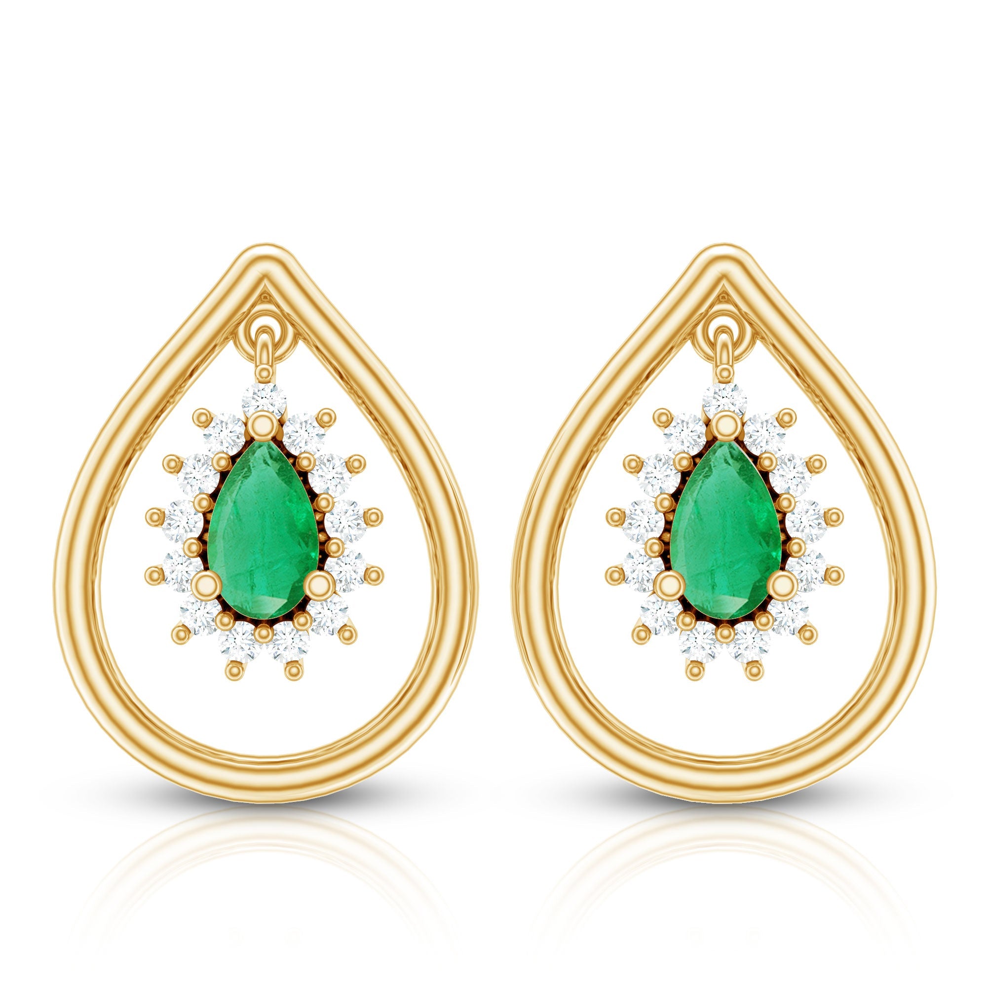 Real Emerald Teardrop Stud Earrings with Diamond Halo
