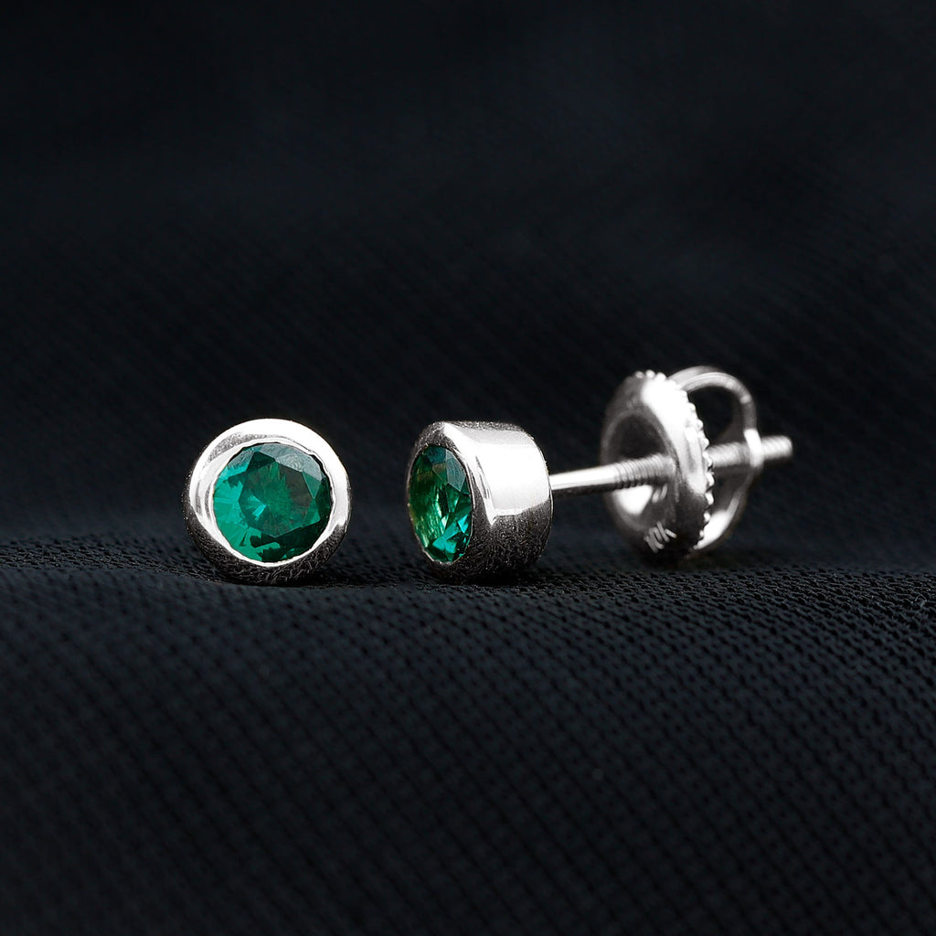 Certified Lab Created Emerald Stud Earrings in Bezel Setting