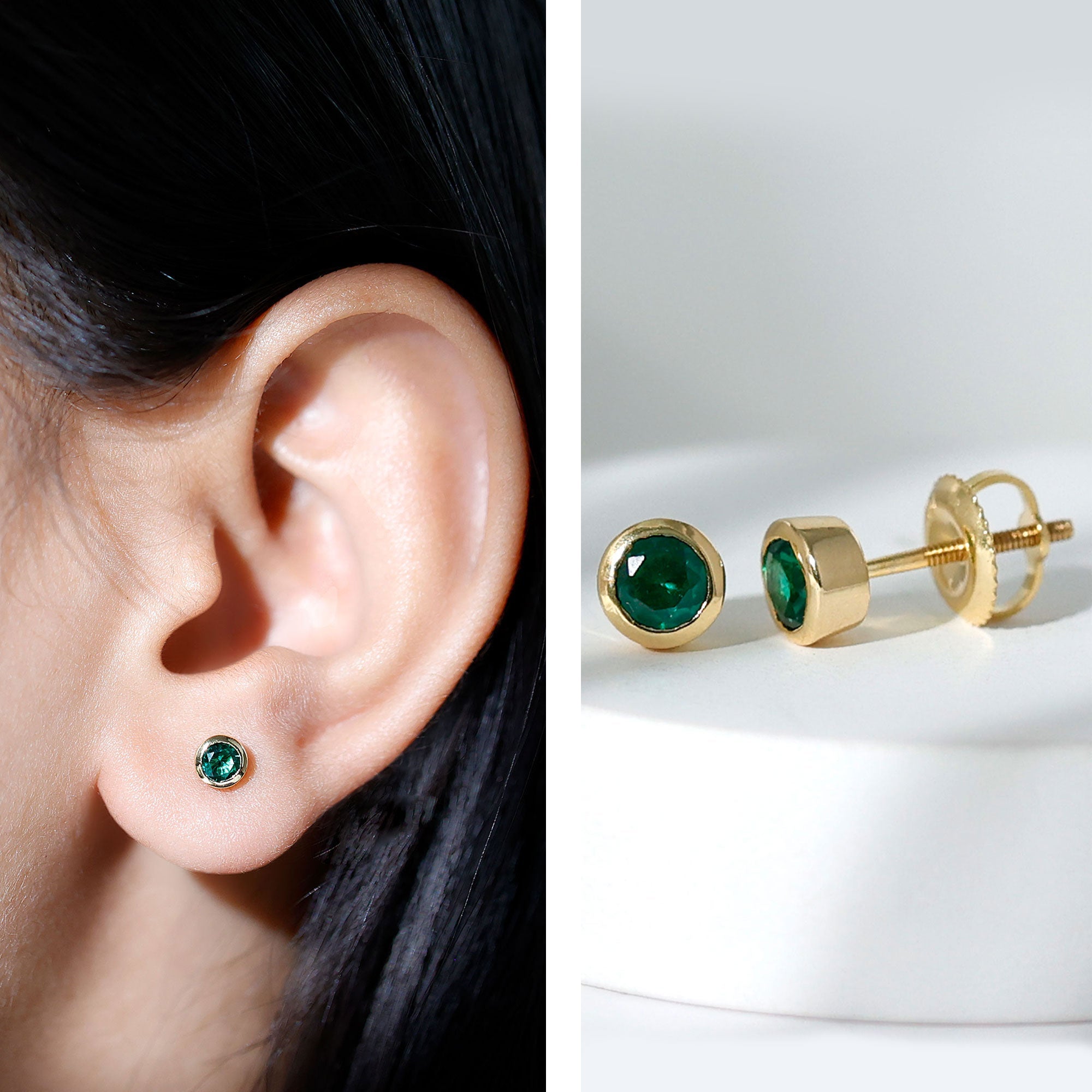 Certified Lab Created Emerald Stud Earrings in Bezel Setting