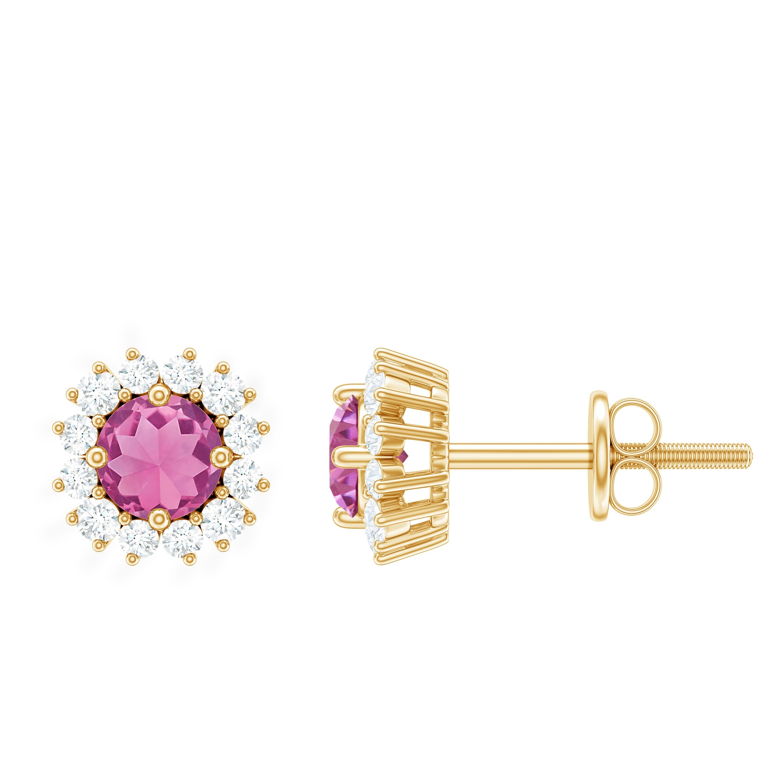 Natural Pink Tourmaline Stud Earrings with Diamond Halo