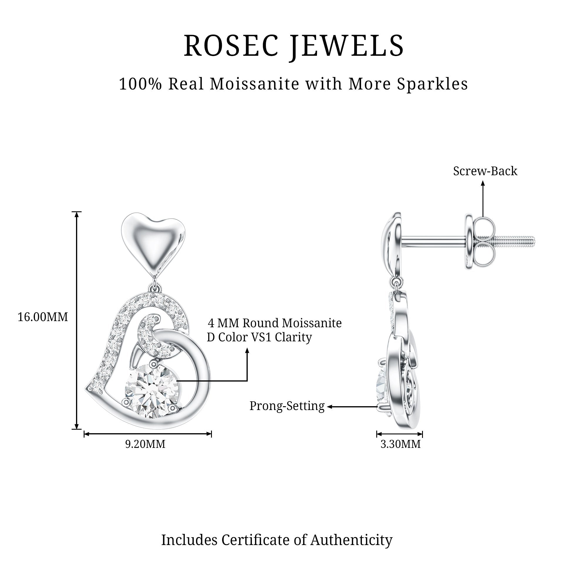 0.6 Carat Moissanite Heart Drop Earrings for Women