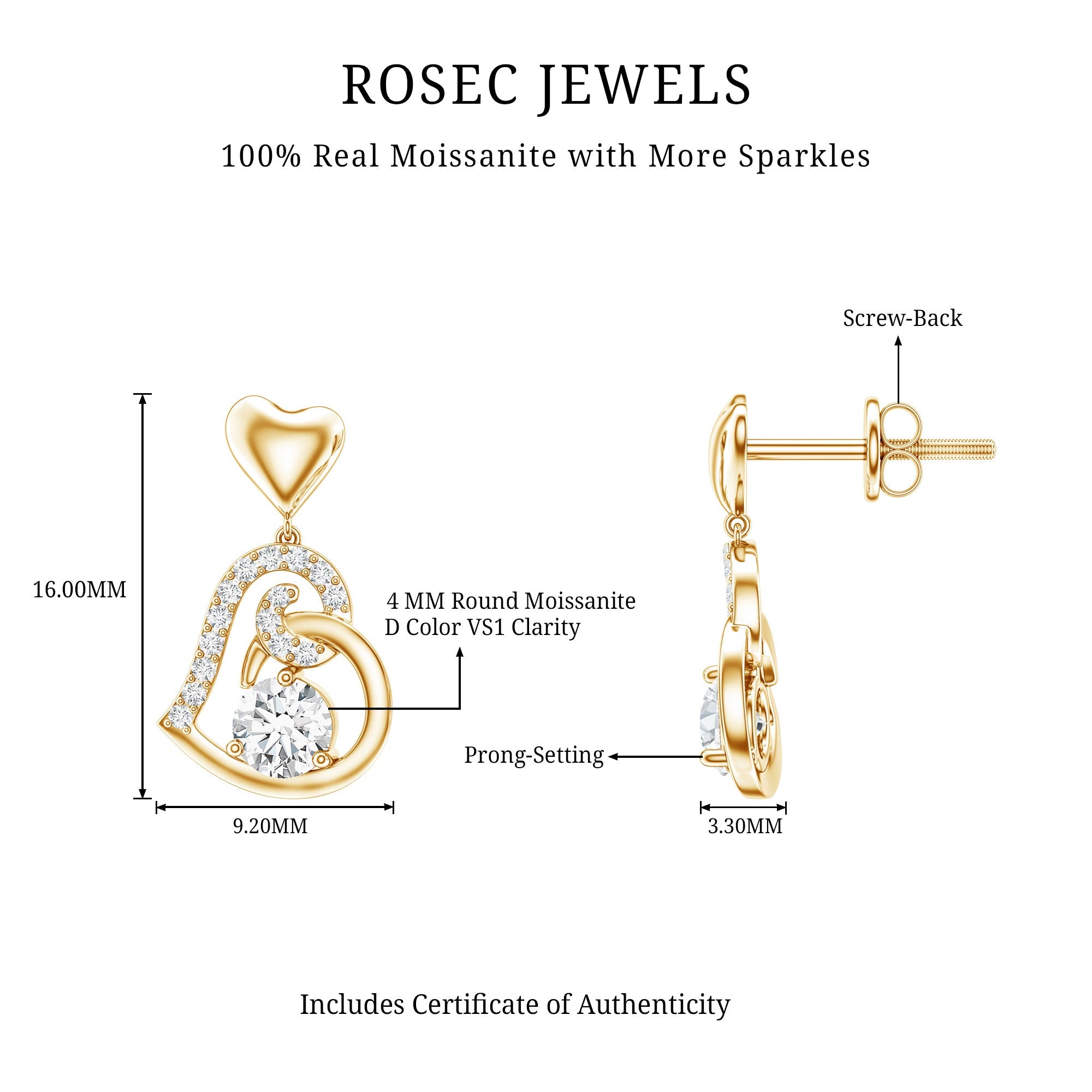 0.6 Carat Moissanite Heart Drop Earrings for Women