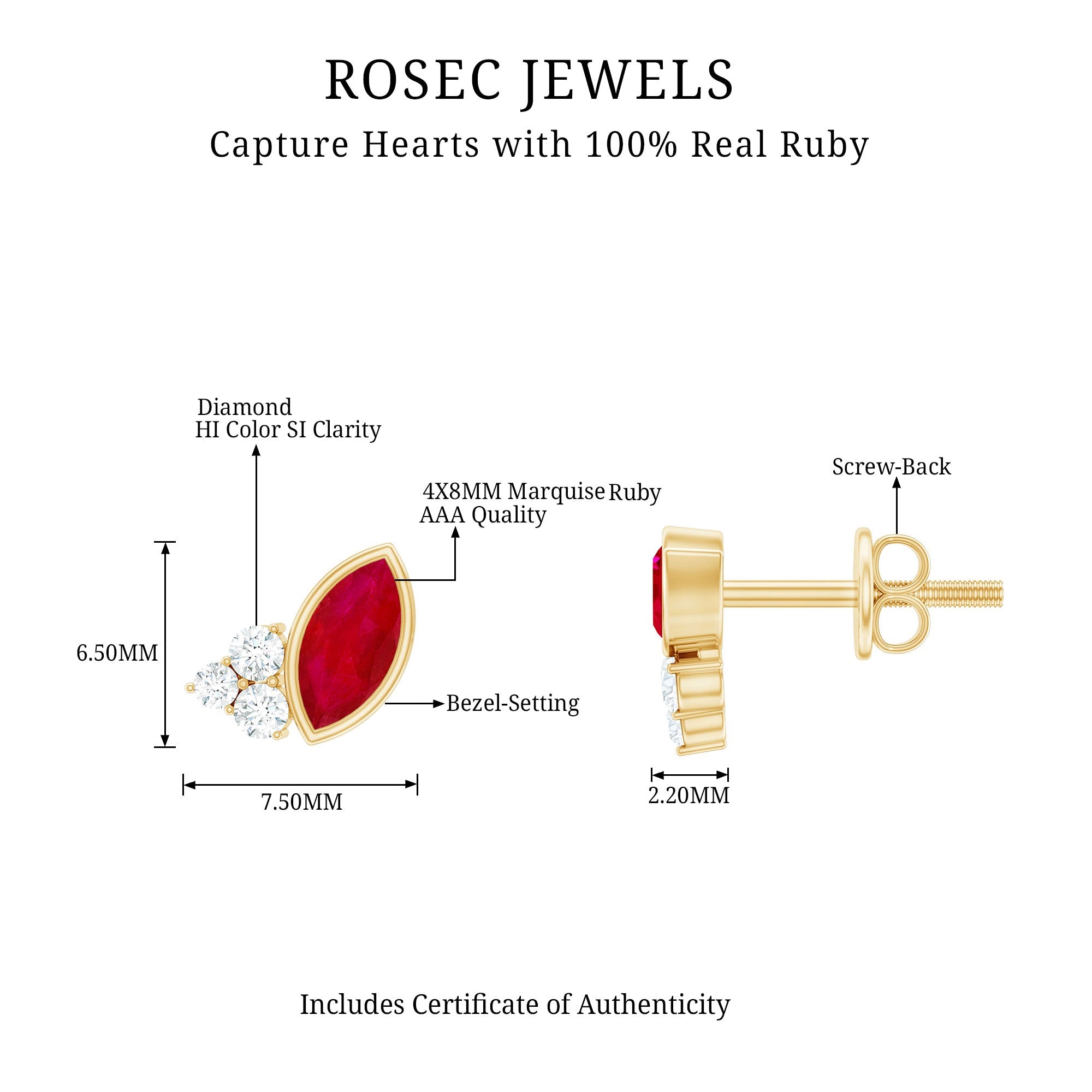 Marquise Cut Ruby Stud Earrings with Diamond Trio