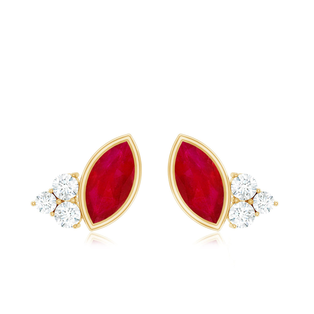 Marquise Cut Ruby Stud Earrings with Diamond Trio