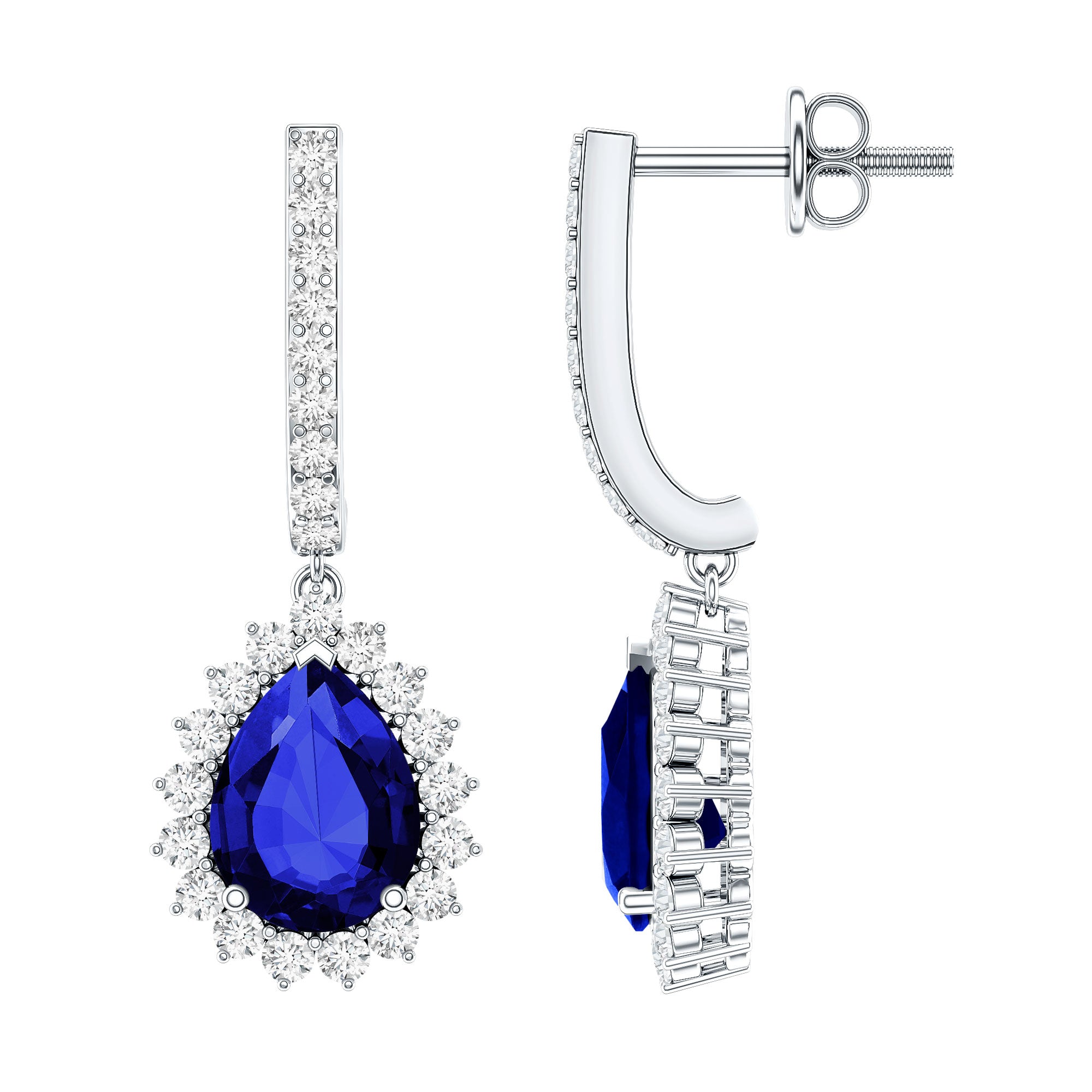 Pear Shaped Lab Grown Blue Sapphire and Diamond Hoop Drop Earrings