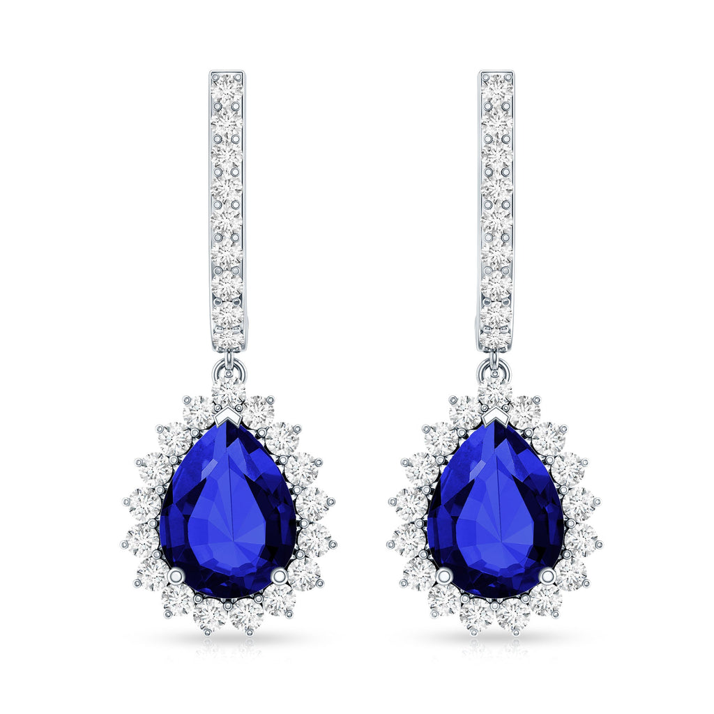 Pear Shaped Lab Grown Blue Sapphire and Diamond Hoop Drop Earrings