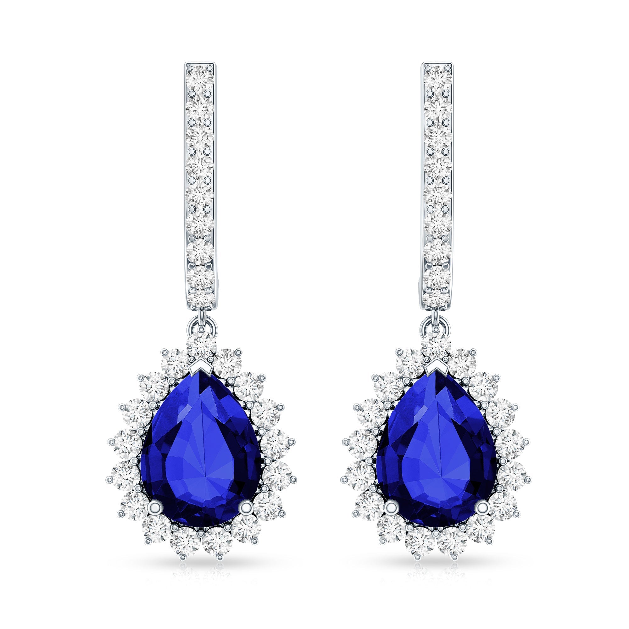 Pear Shaped Lab Grown Blue Sapphire and Diamond Hoop Drop Earrings