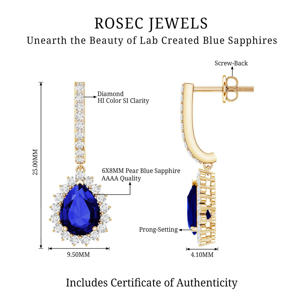 Pear Shaped Lab Grown Blue Sapphire and Diamond Hoop Drop Earrings