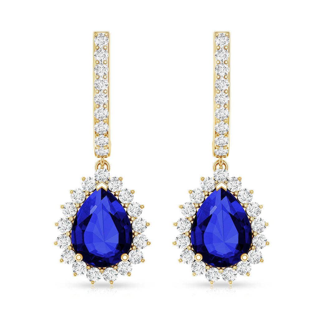 Pear Shaped Lab Grown Blue Sapphire and Diamond Hoop Drop Earrings