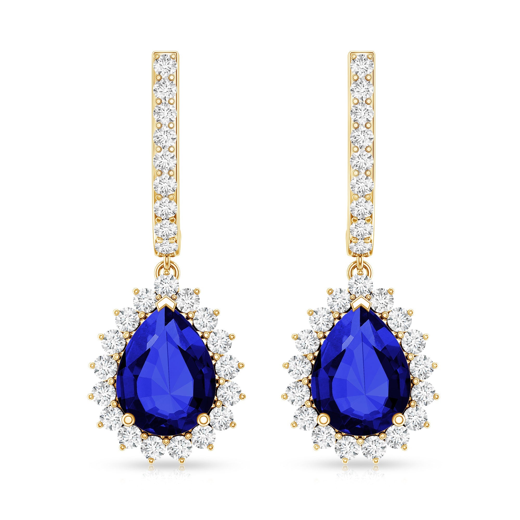 Pear Shaped Lab Grown Blue Sapphire and Diamond Hoop Drop Earrings
