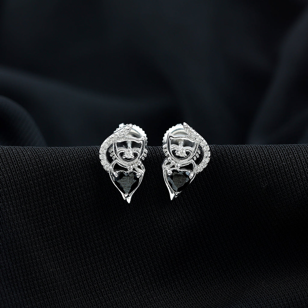 Heart Shape Black Onyx and Diamond Cat Stud Earrings