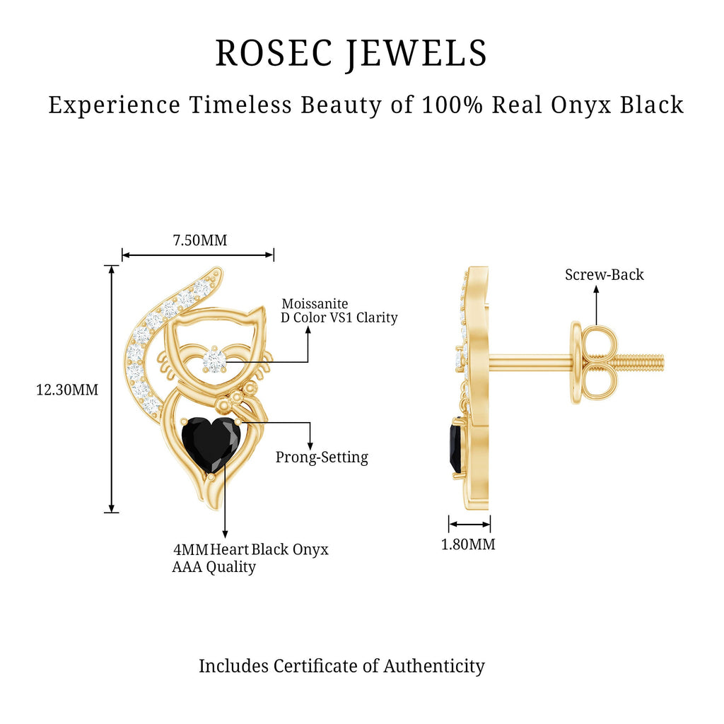 Heart Shape Black Onyx and Diamond Cat Stud Earrings