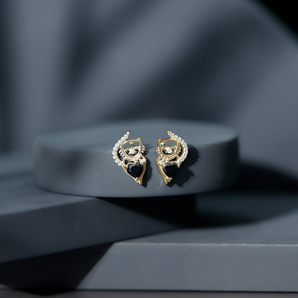 Heart Shape Black Onyx and Diamond Cat Stud Earrings