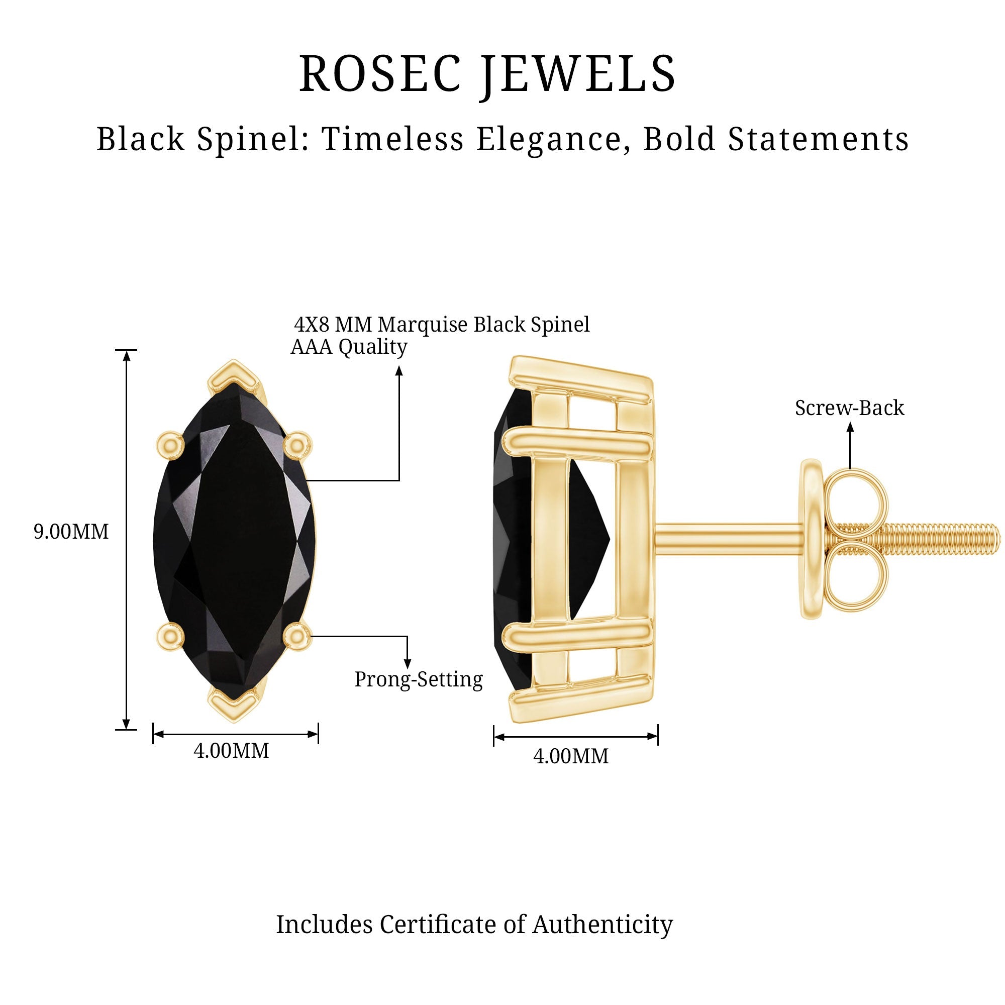 1.4 CT Marquise Black Spinel Solitaire Stud Earrings
