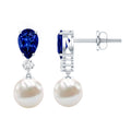 Natural 4 Carat Freshwater Pearl Drop Dangle Earrings with Lab Blue Sapphire
