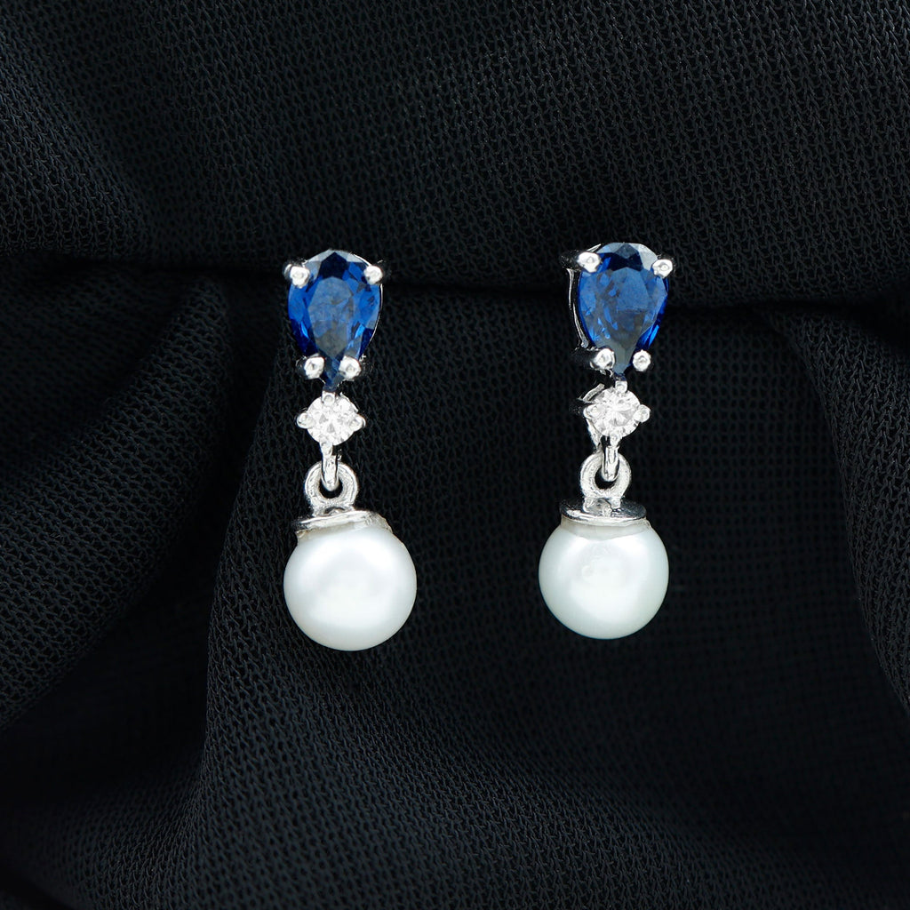Natural 4 Carat Freshwater Pearl Drop Dangle Earrings with Lab Blue Sapphire