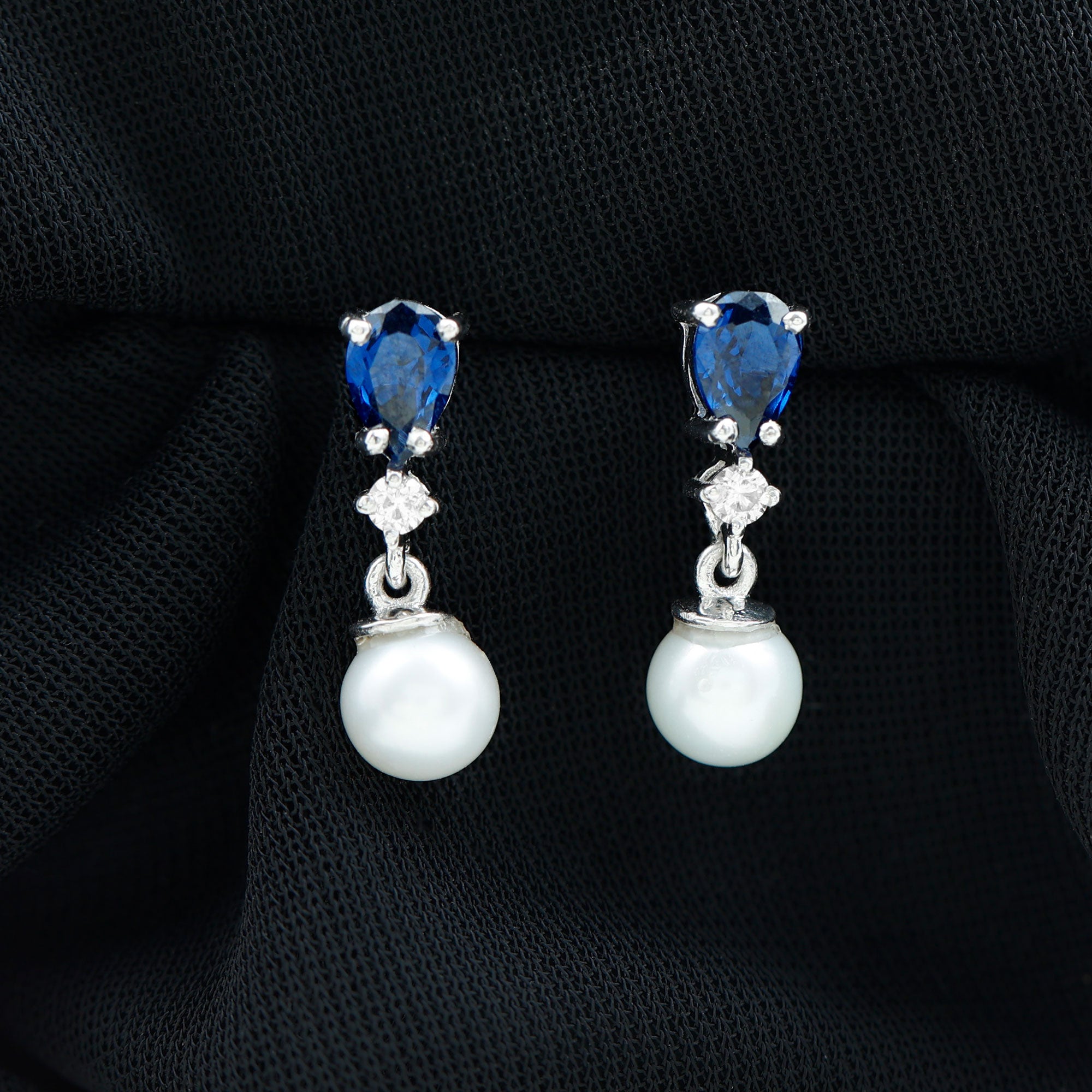 Natural 4 Carat Freshwater Pearl Drop Dangle Earrings with Lab Blue Sapphire