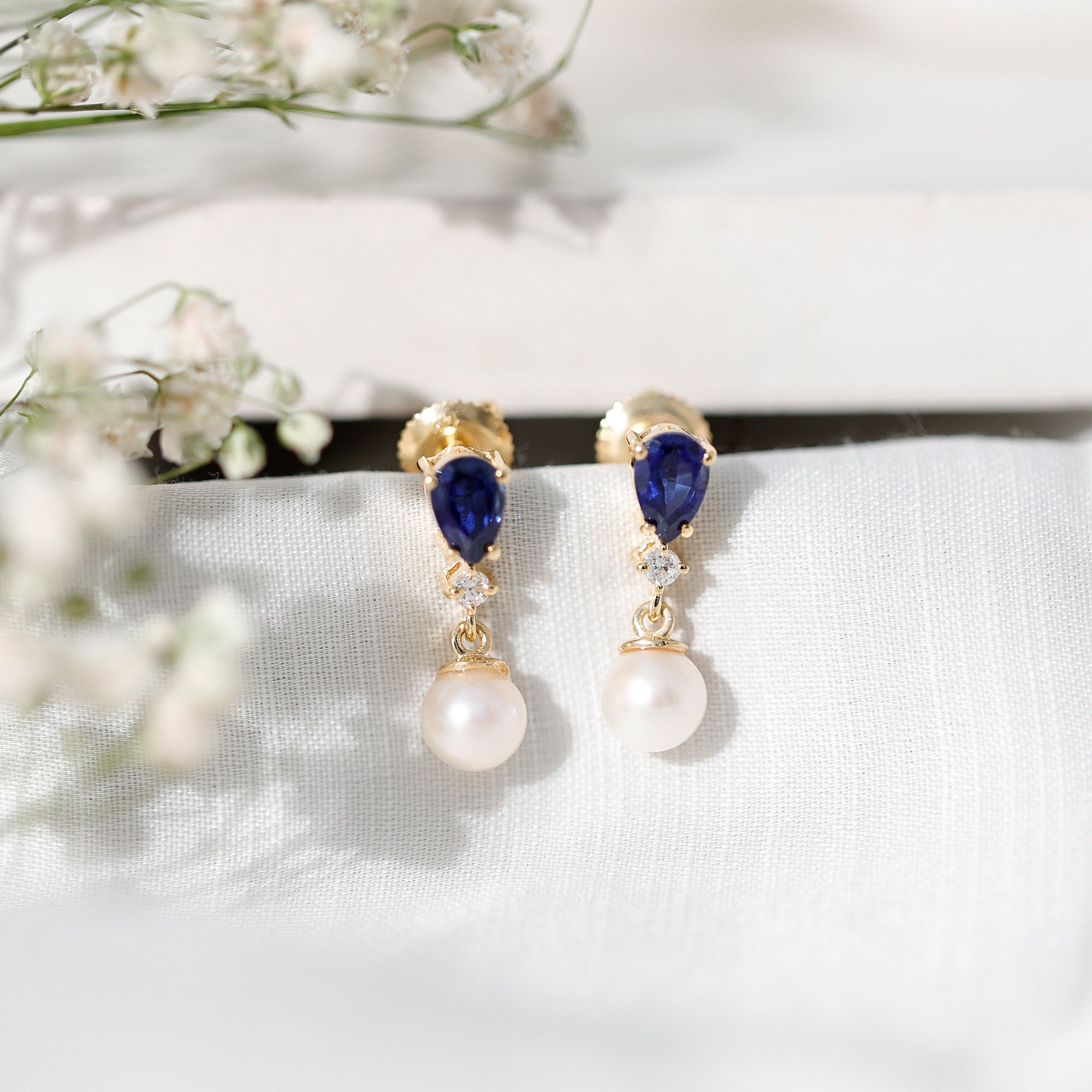 Natural 4 Carat Freshwater Pearl Drop Dangle Earrings with Lab Blue Sapphire