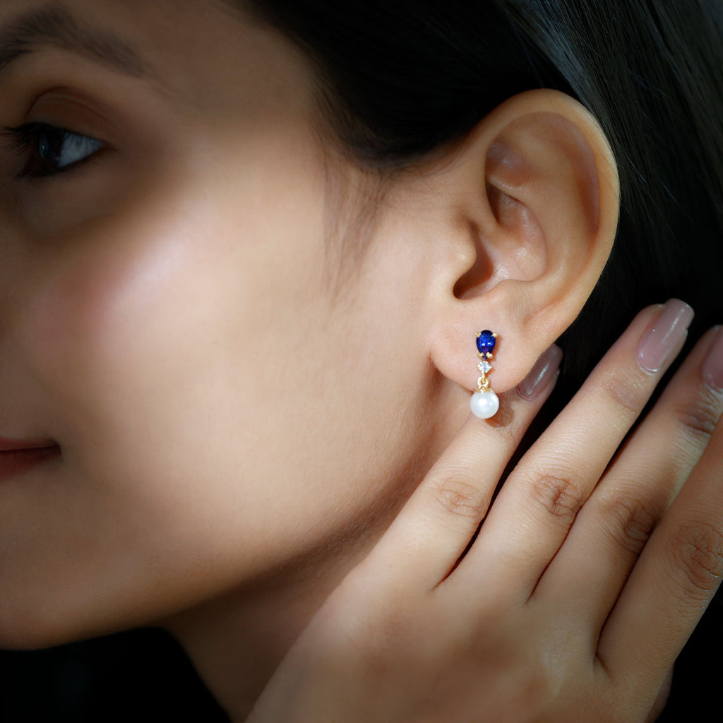 Natural 4 Carat Freshwater Pearl Drop Dangle Earrings with Lab Blue Sapphire