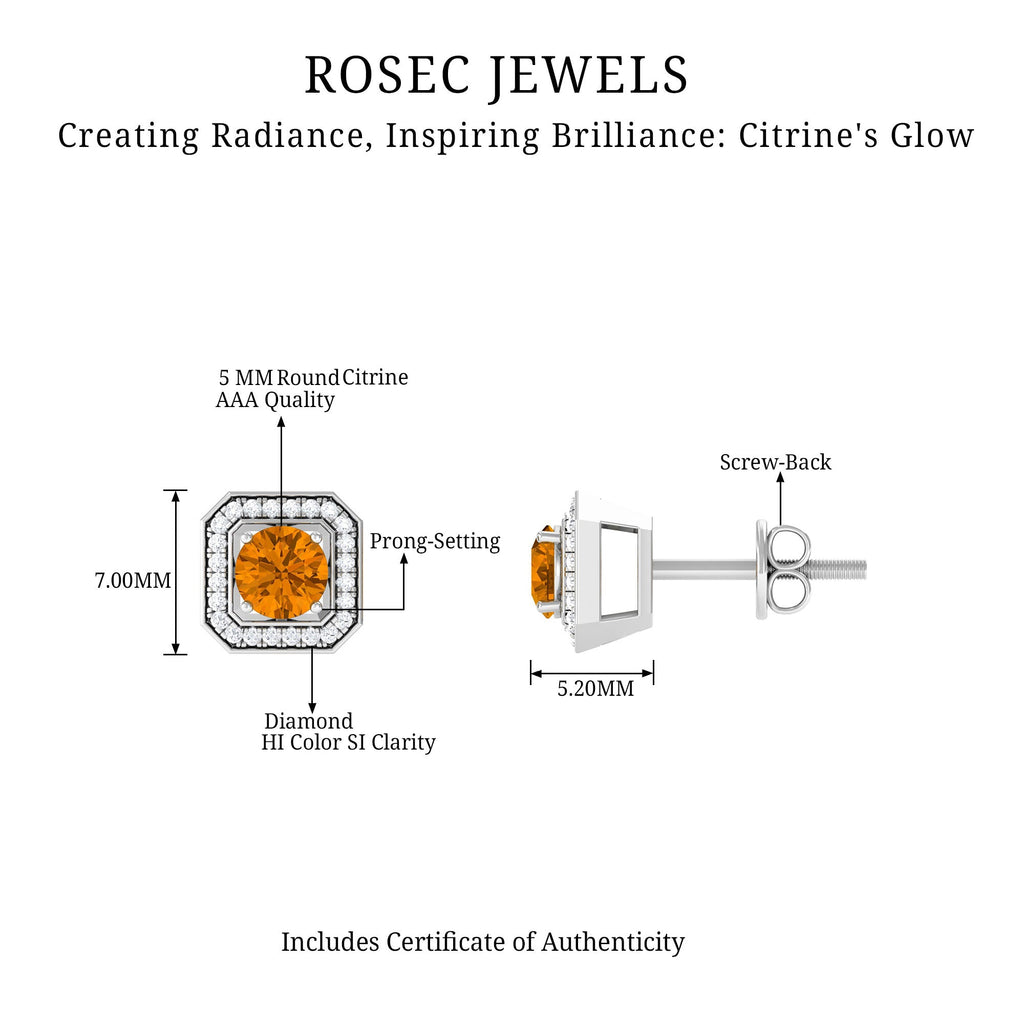 Vintage Inspired 1 Carat Citrine and Diamond Halo Stud Earrings