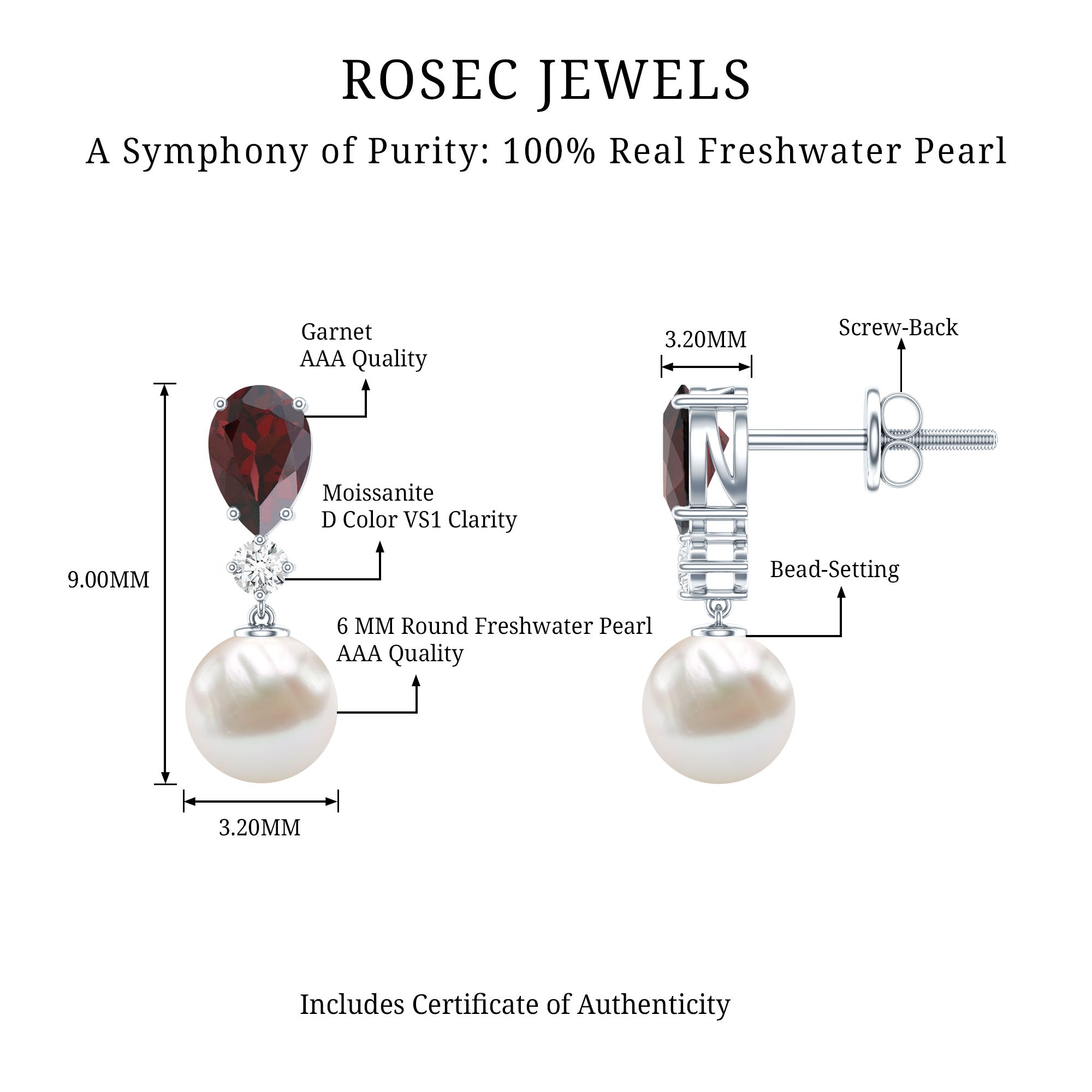 Genuine Freshwater Pearl Drop Earrings with Garnet