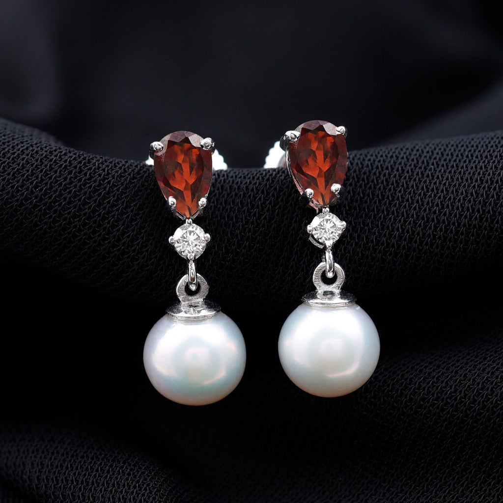Genuine Freshwater Pearl Drop Earrings with Garnet