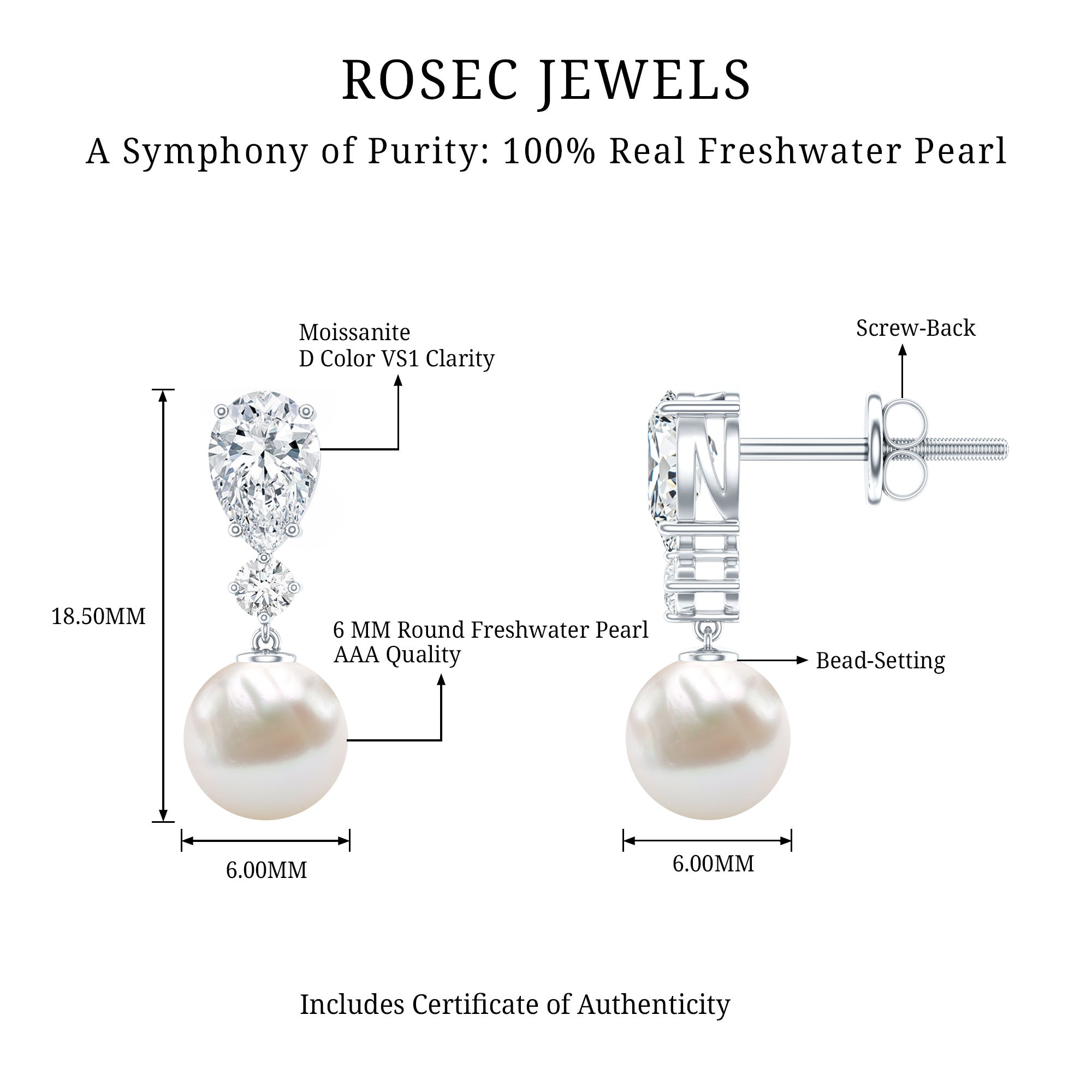 Moissanite and Freshwater Pearl Dangle Drop Earrings