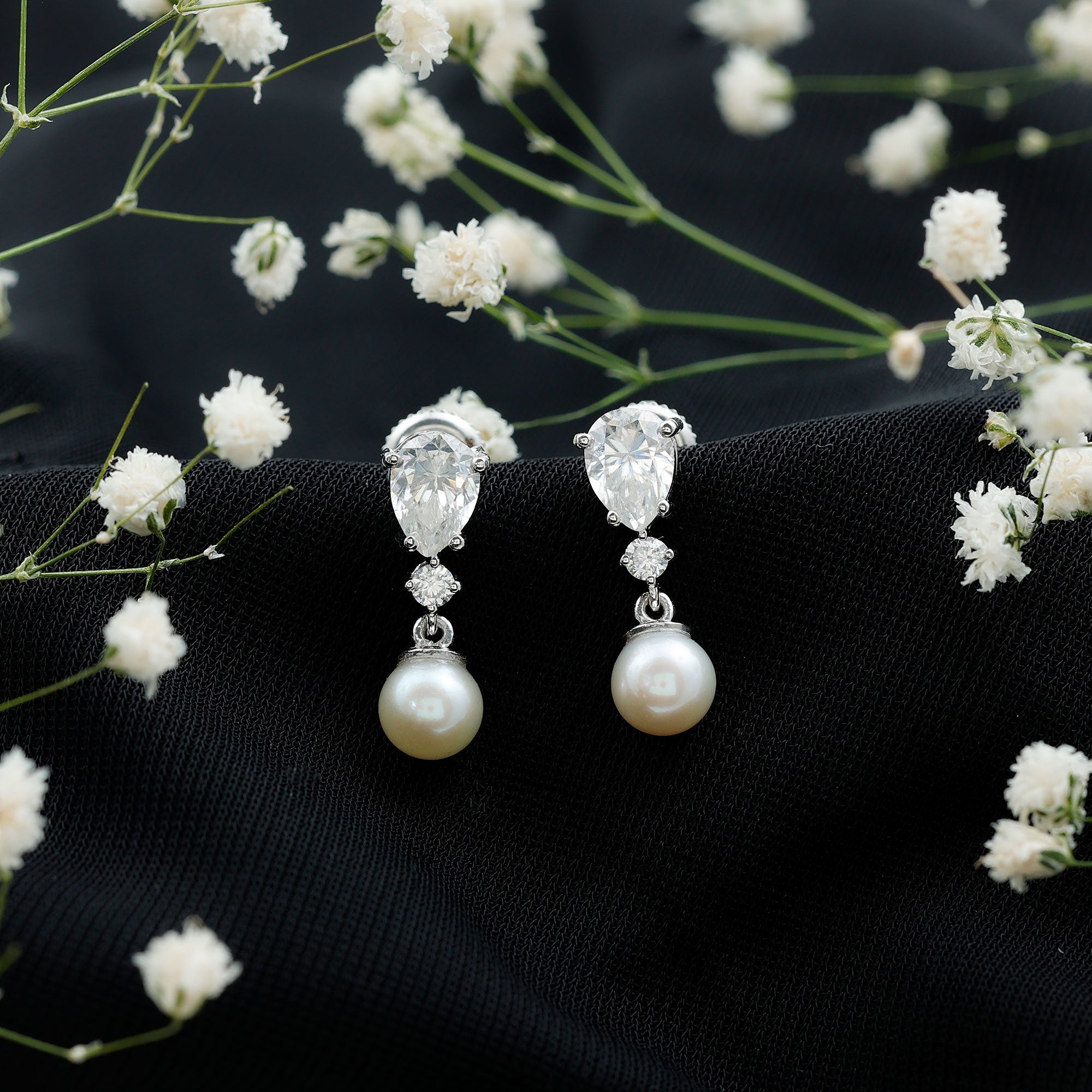 Moissanite and Freshwater Pearl Dangle Drop Earrings