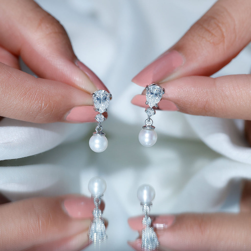 Moissanite and Freshwater Pearl Dangle Drop Earrings