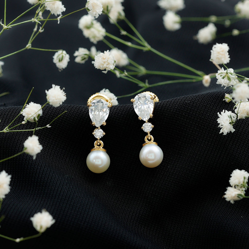 Moissanite and Freshwater Pearl Dangle Drop Earrings