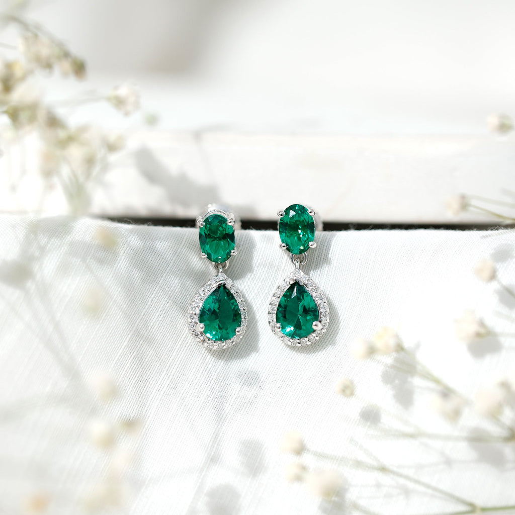 Lab Created Emerald and Diamond Bridal Drop Earrings with Certificate