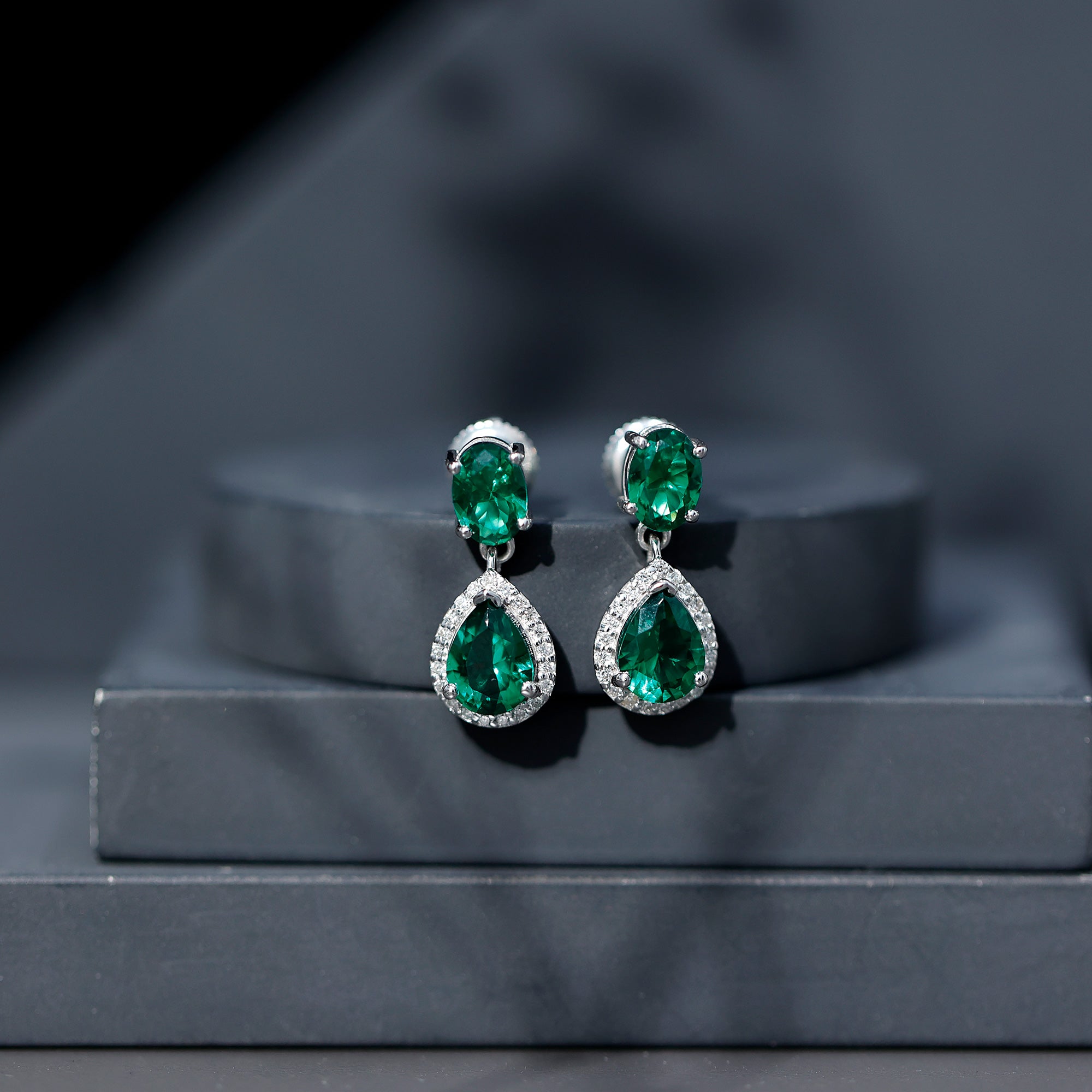 Lab Created Emerald and Diamond Bridal Drop Earrings with Certificate