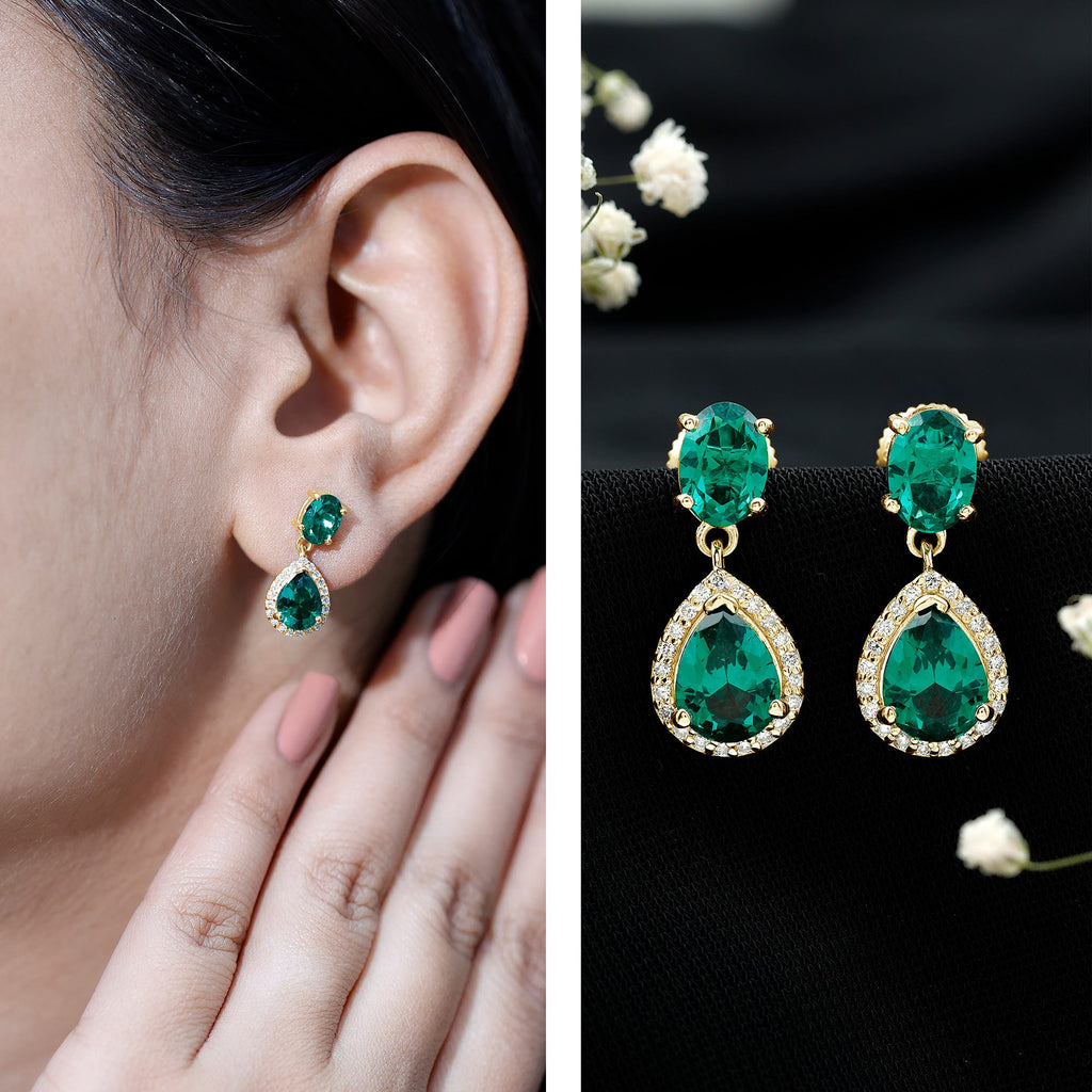 Lab Created Emerald and Diamond Bridal Drop Earrings with Certificate