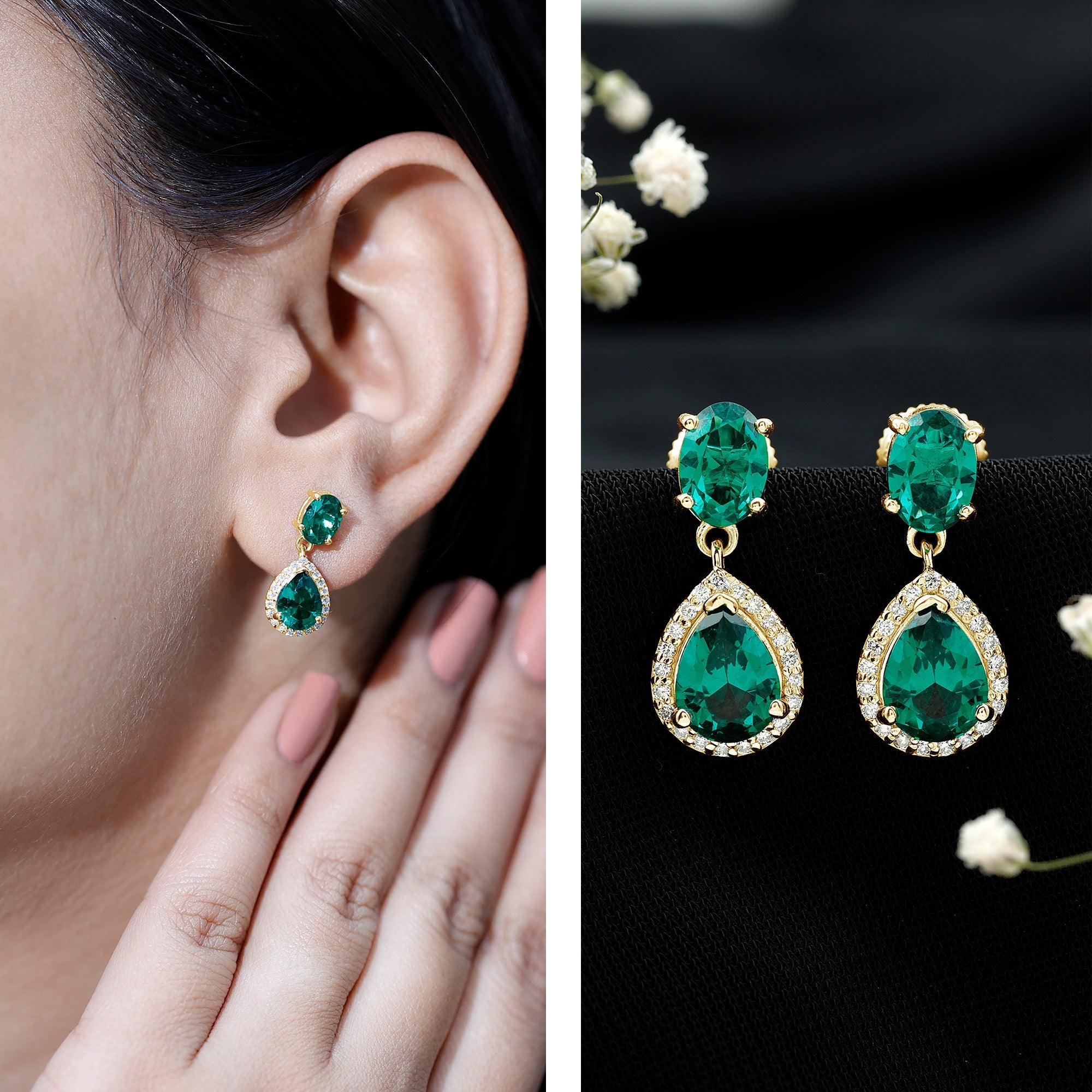 Lab Created Emerald and Diamond Bridal Drop Earrings with Certificate