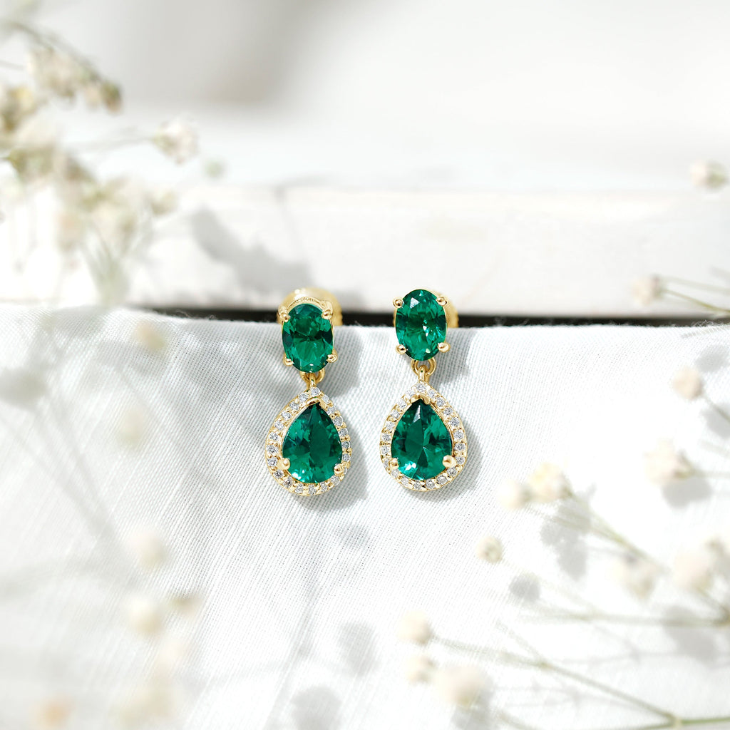 Lab Created Emerald and Diamond Bridal Drop Earrings with Certificate
