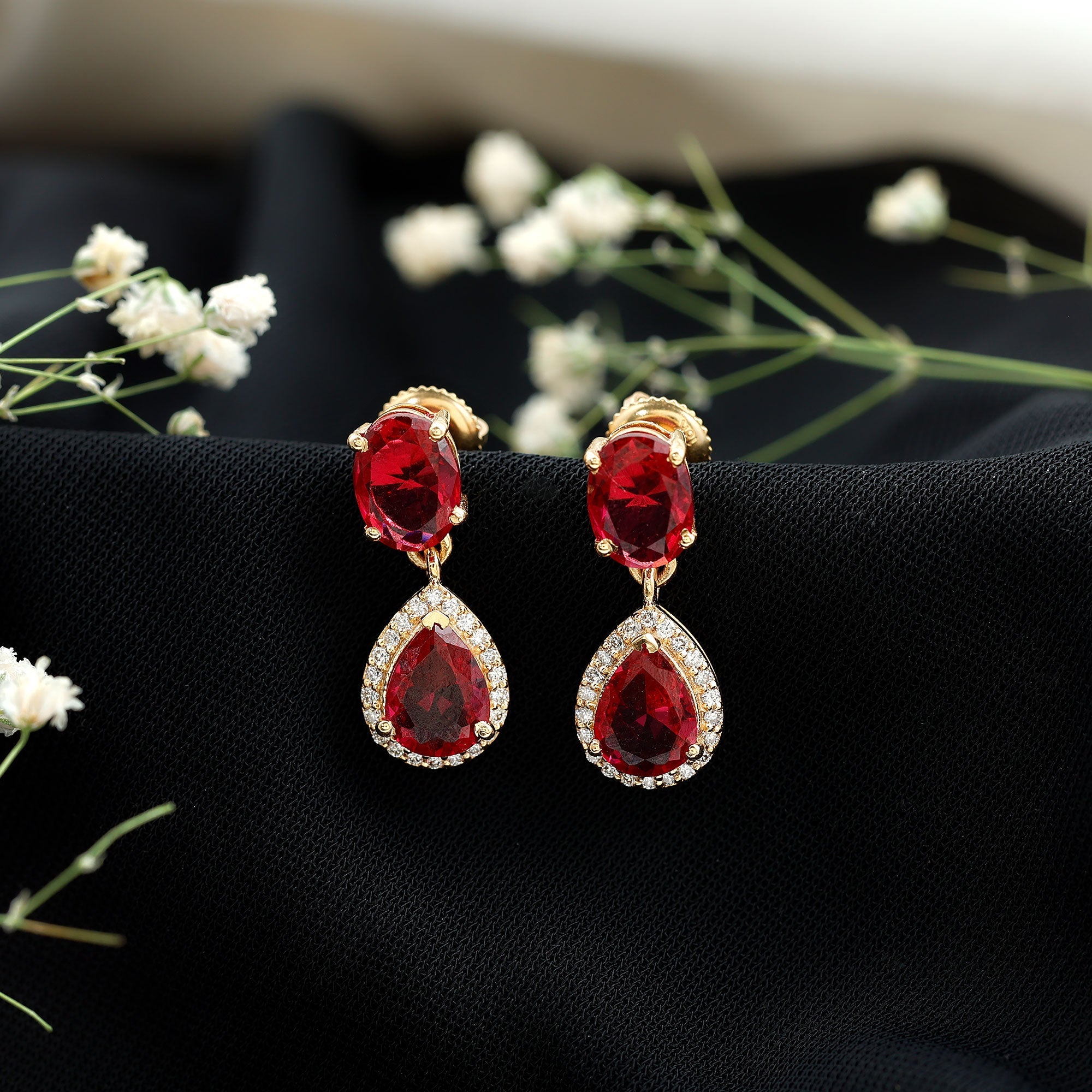 Lab Created Ruby and Diamond Dangle Drop Earrings