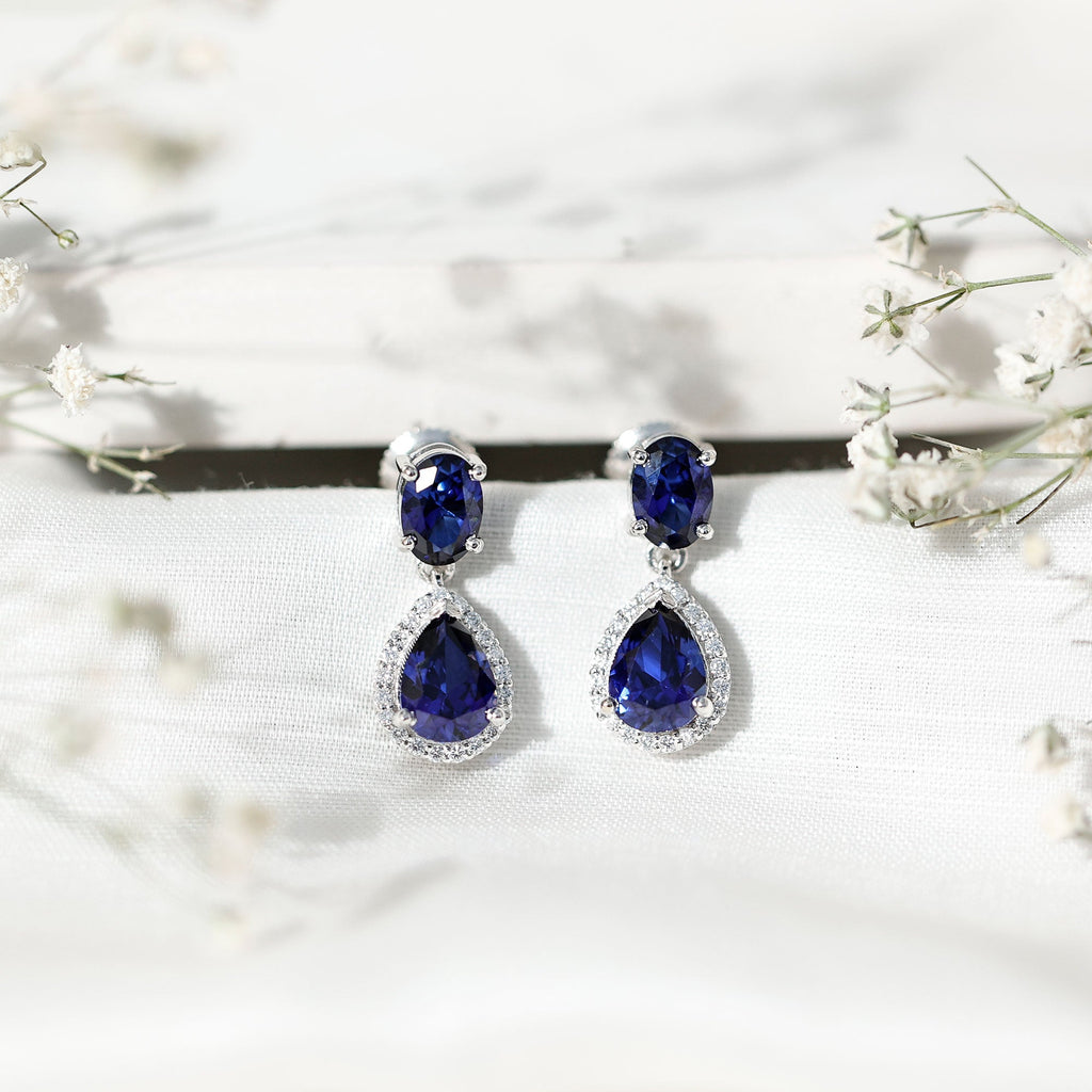 Lab Grown Blue Sapphire Bridal Dangle Earrings with Moissanite