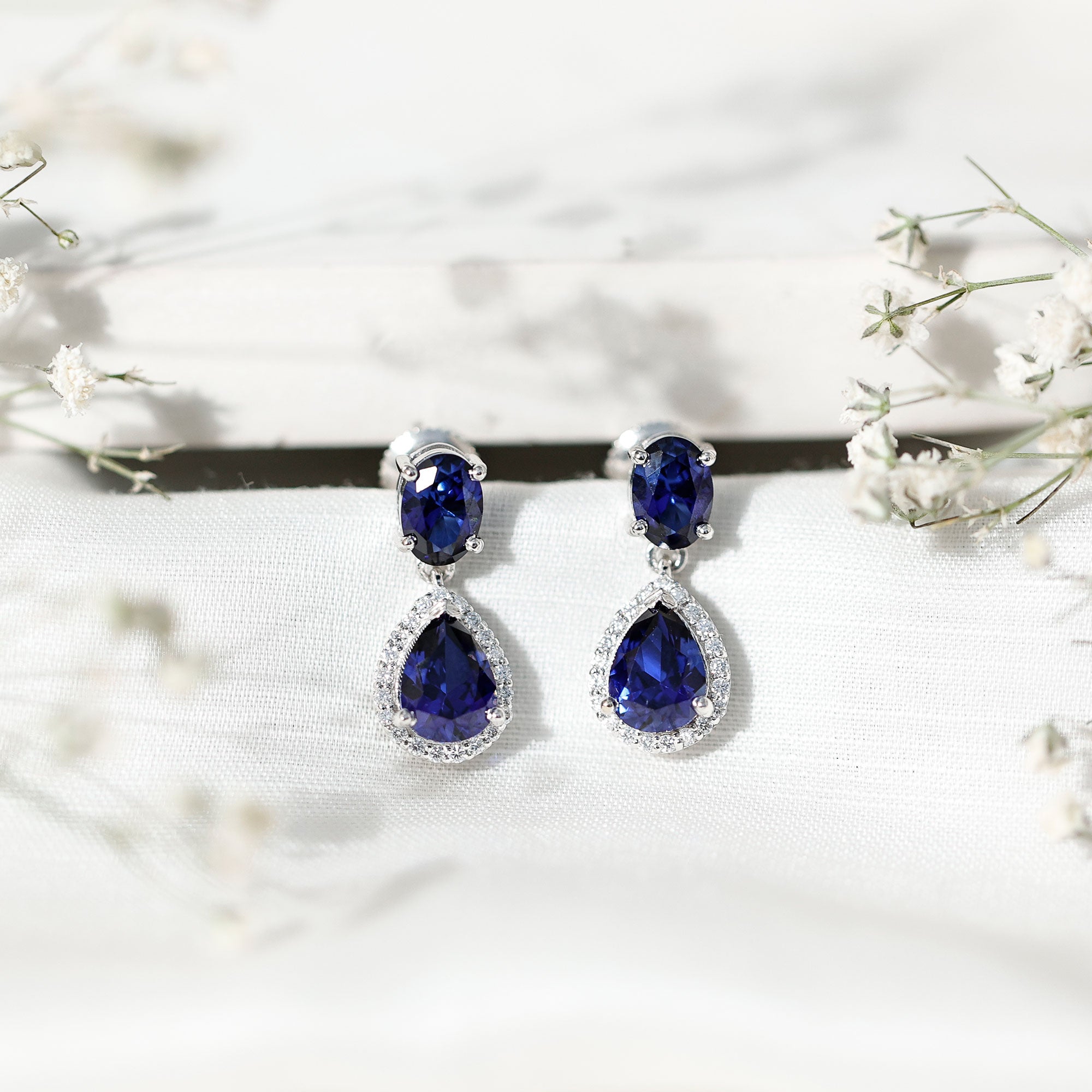 Lab Grown Blue Sapphire Bridal Dangle Earrings with Moissanite