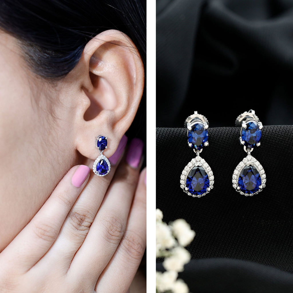 Lab Grown Blue Sapphire Bridal Dangle Earrings with Moissanite
