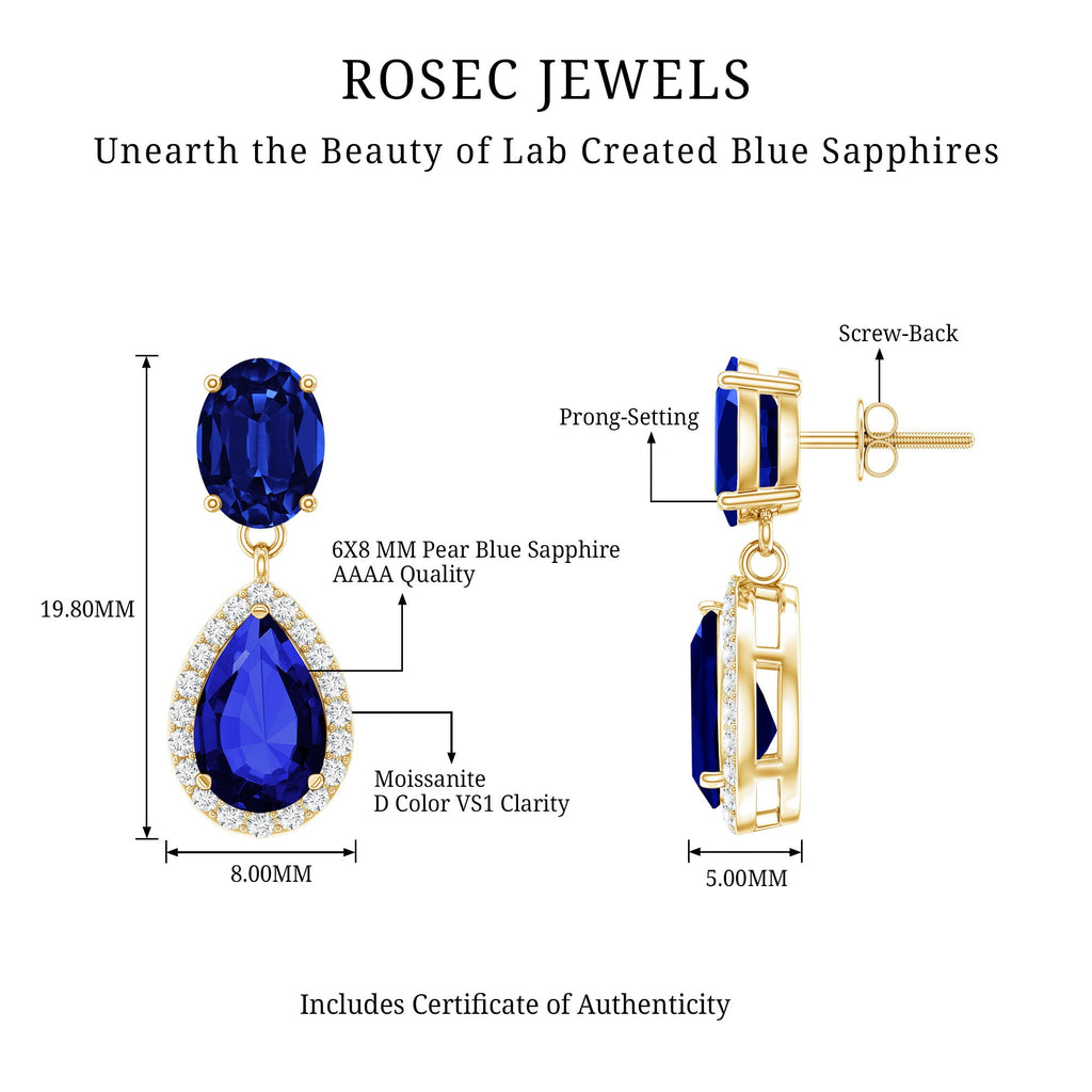 Lab Grown Blue Sapphire Bridal Dangle Earrings with Moissanite