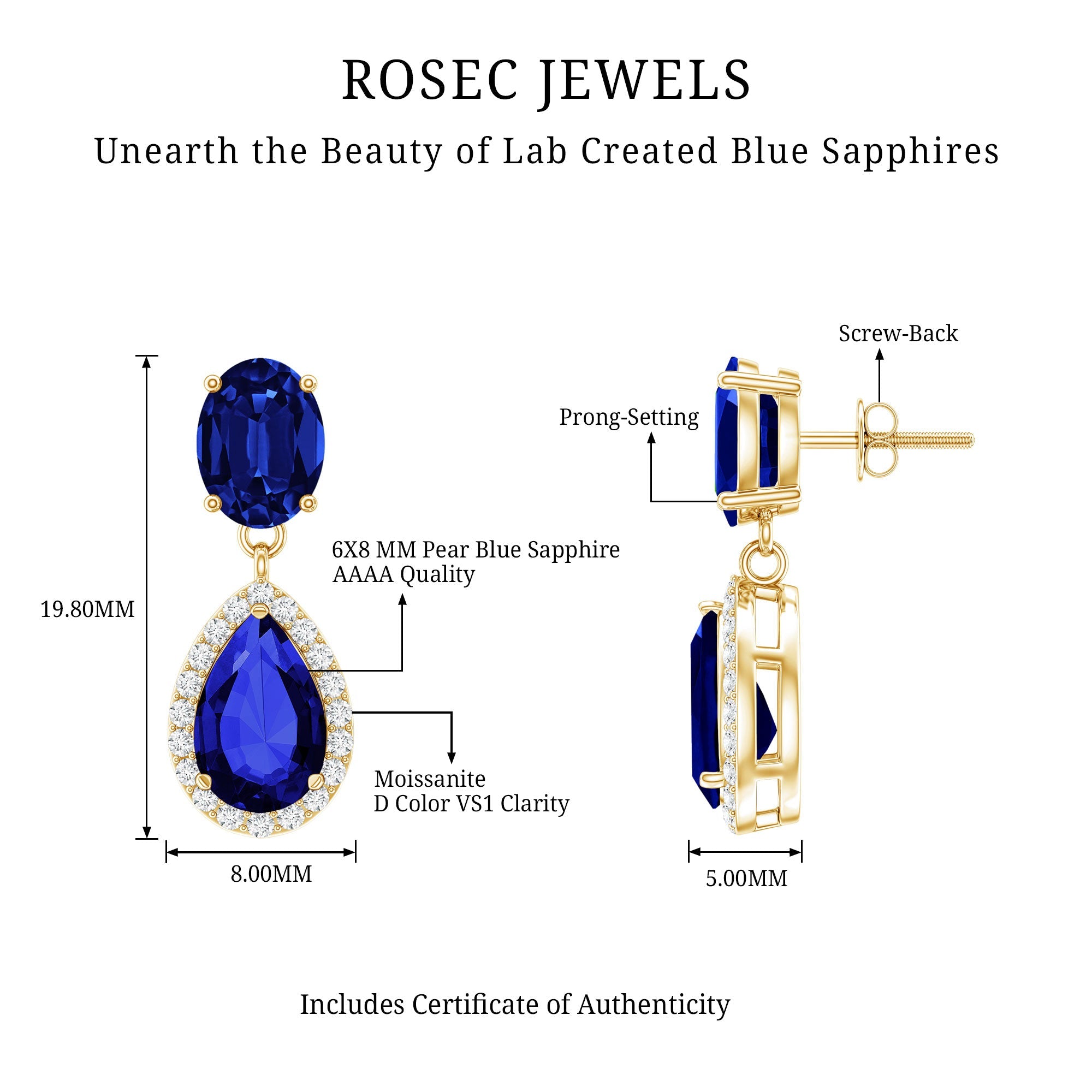 Lab Grown Blue Sapphire Bridal Dangle Earrings with Moissanite