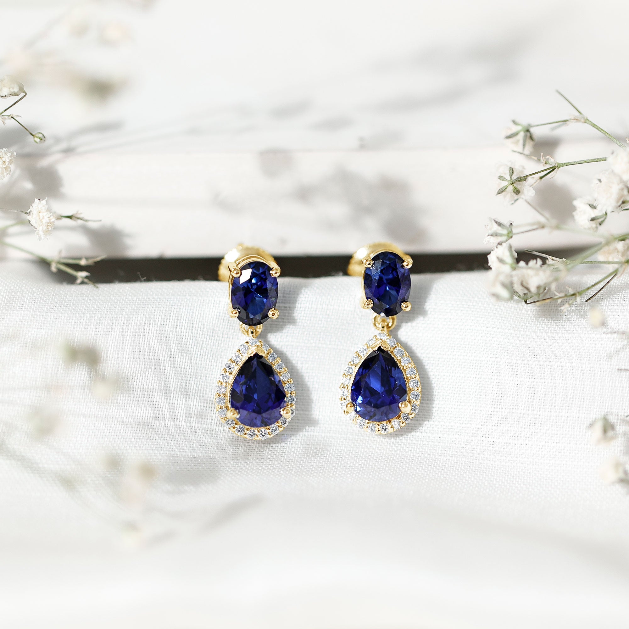 Lab Grown Blue Sapphire Bridal Dangle Earrings with Moissanite
