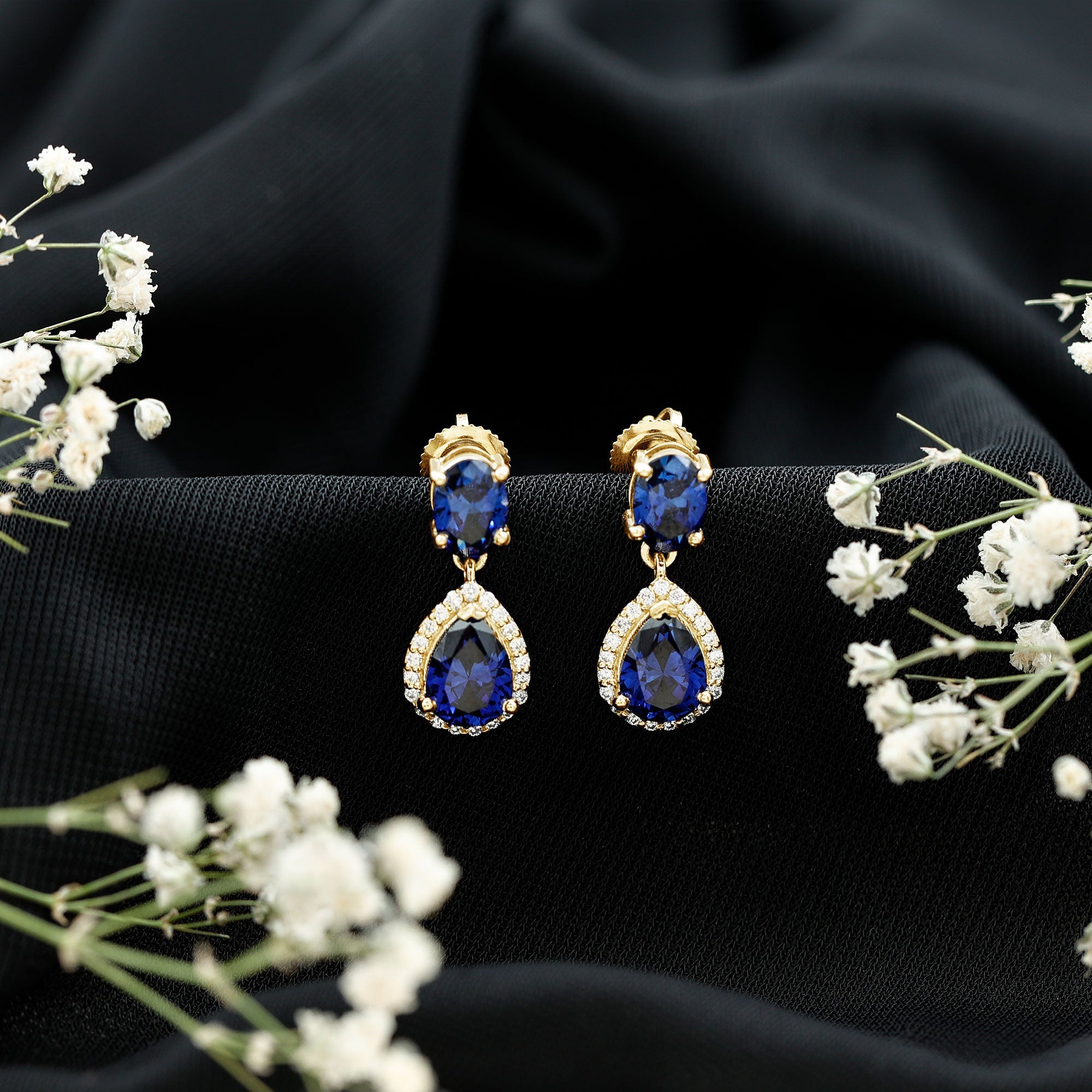 Lab Grown Blue Sapphire Bridal Dangle Earrings with Moissanite