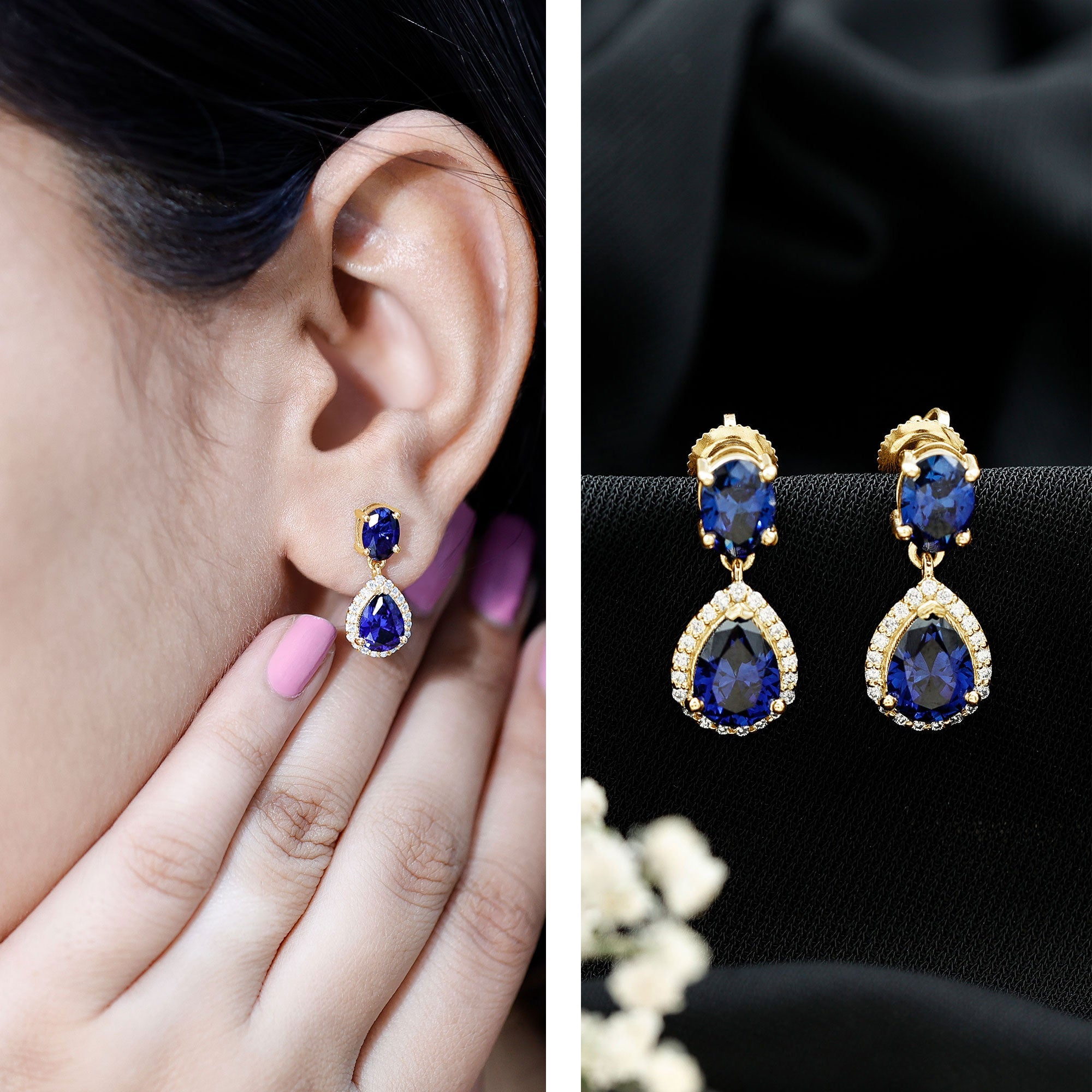 Lab Grown Blue Sapphire Bridal Dangle Earrings with Moissanite