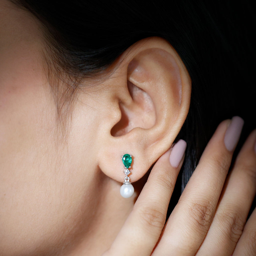 Freshwater Pearl Drop Dangle Earrings With Created Emerald
